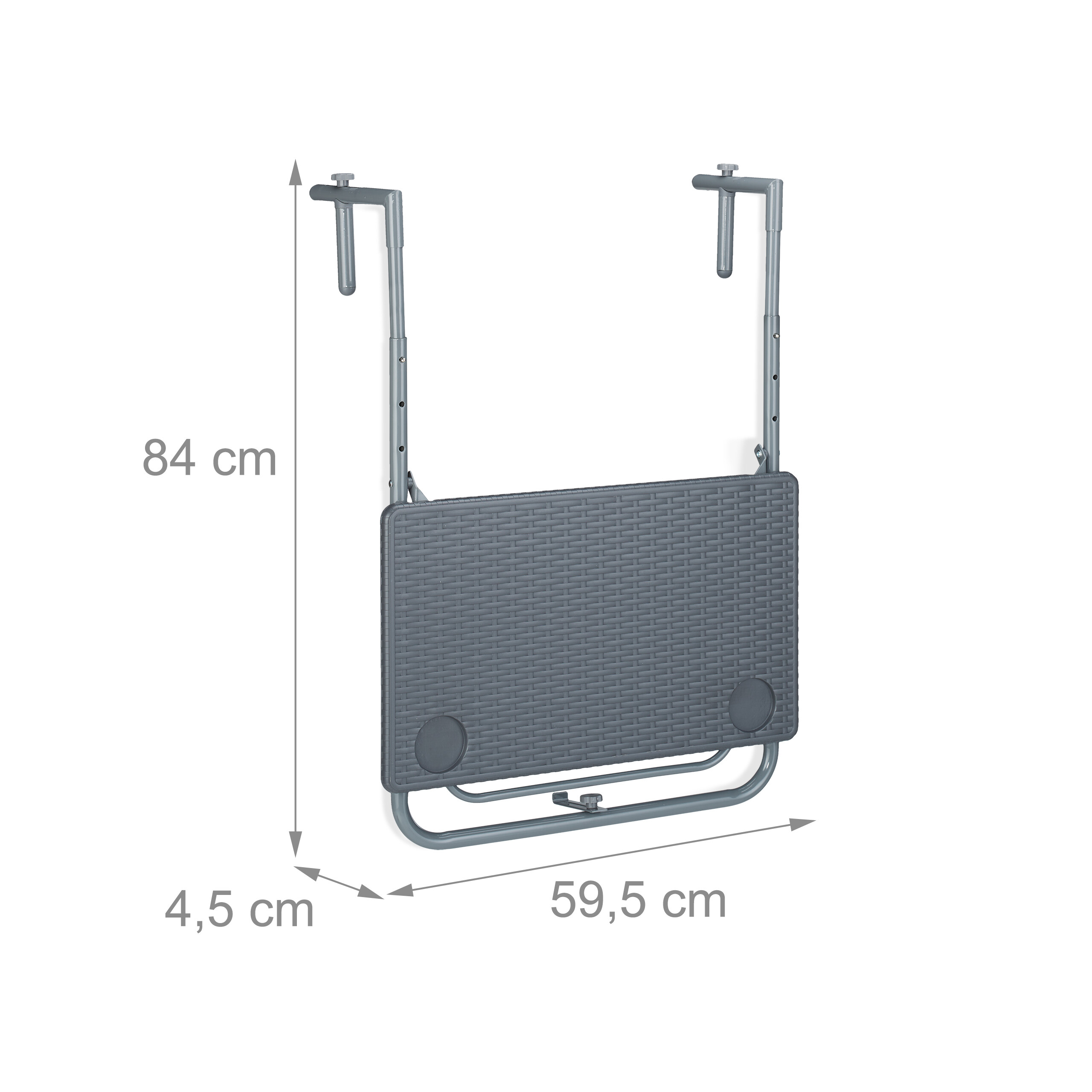 Grauer Balkontisch mit Maßen 84 cm Höhe, 59,5 cm Breite und 4,5 cm Tiefe.