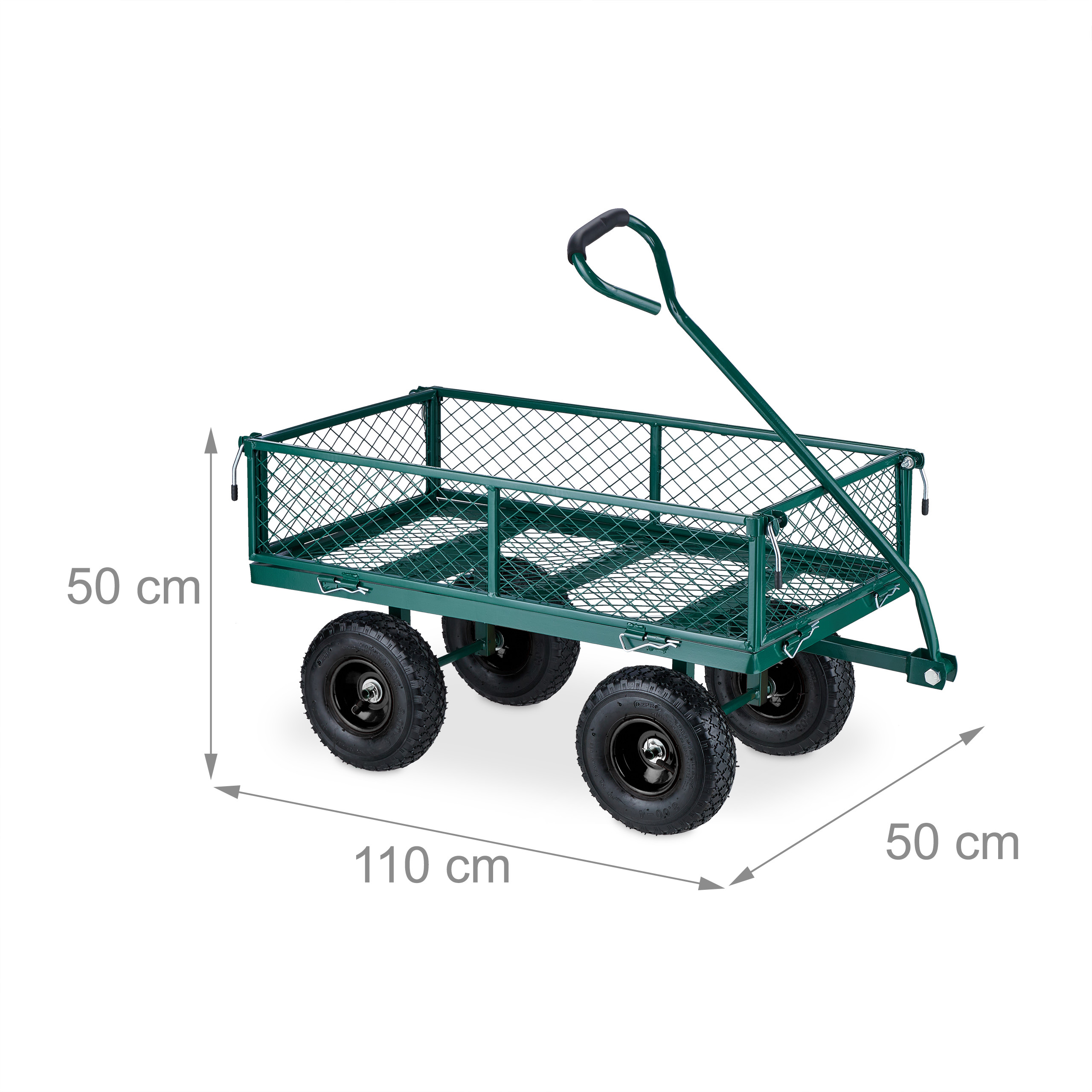 Grüner Bollerwagen mit vier Rädern und Maßen von 110x50x50 cm auf weißem Hintergrund.