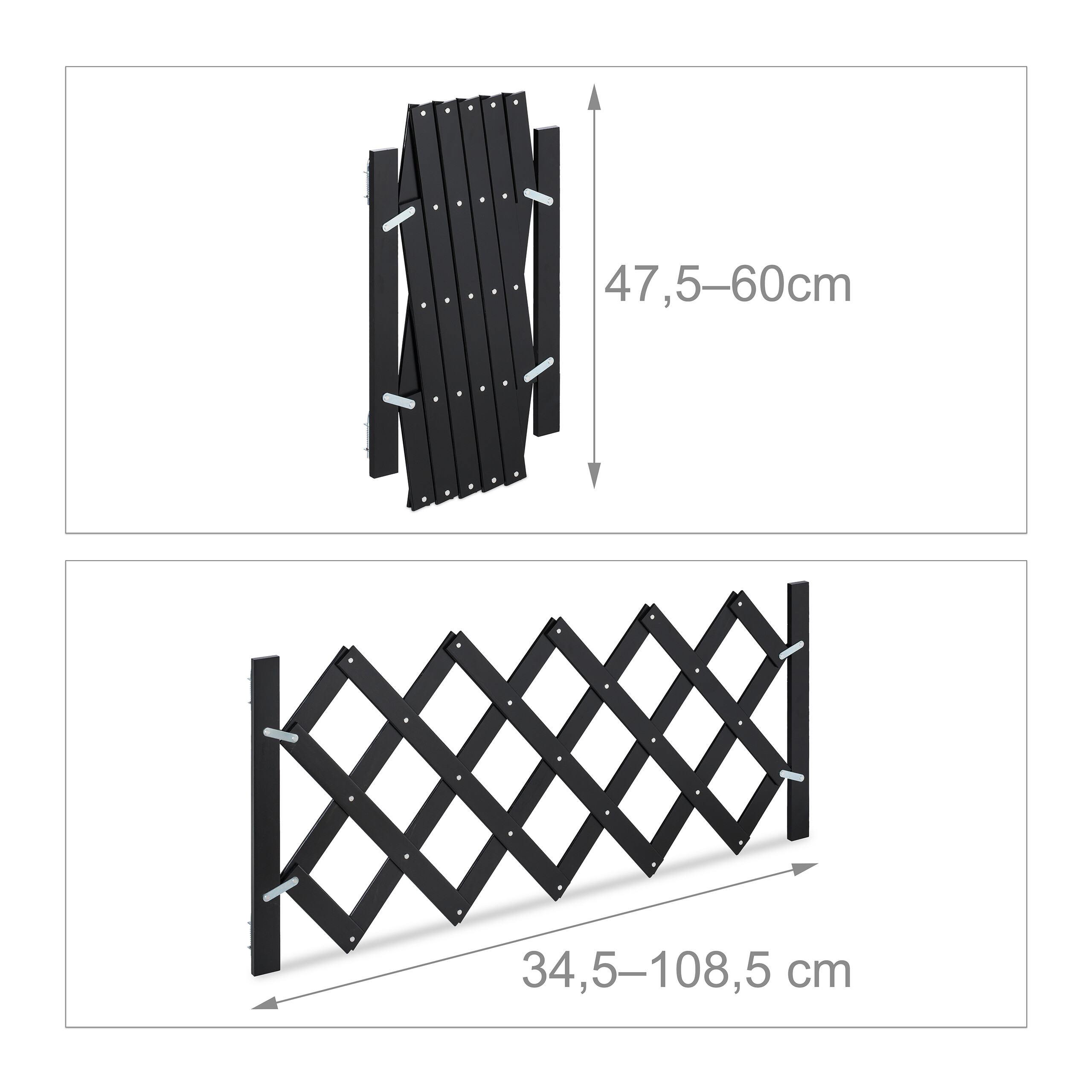 Zwei schwarze Zäune: gefaltet 47,5-60cm hoch, auseinandergezogen 34,5-108,5cm lang.
