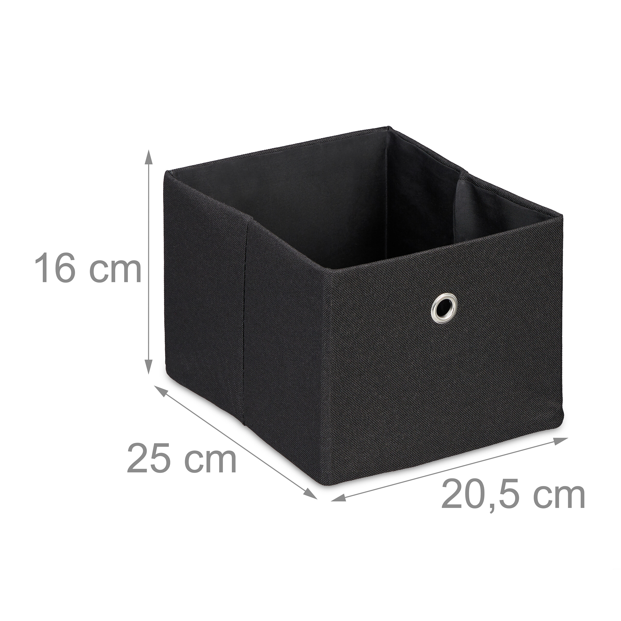 Schwarze Stoff-Aufbewahrungsbox mit Öse und Maßen von 16x25x20,5 cm.