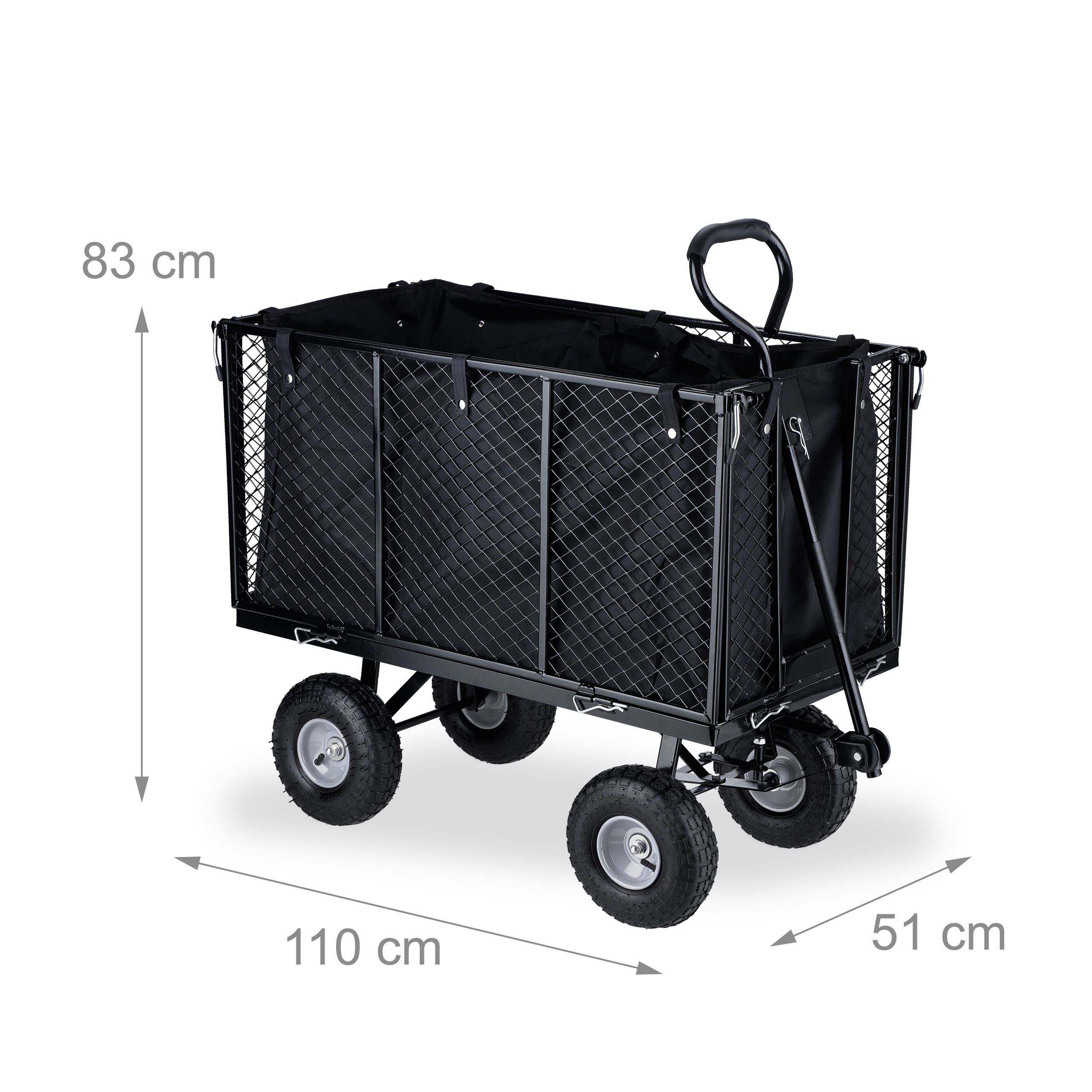 Ein schwarzer Bollerwagen mit vier großen Rädern und den Maßen 110x51x83 cm vor weißem Hintergrund.