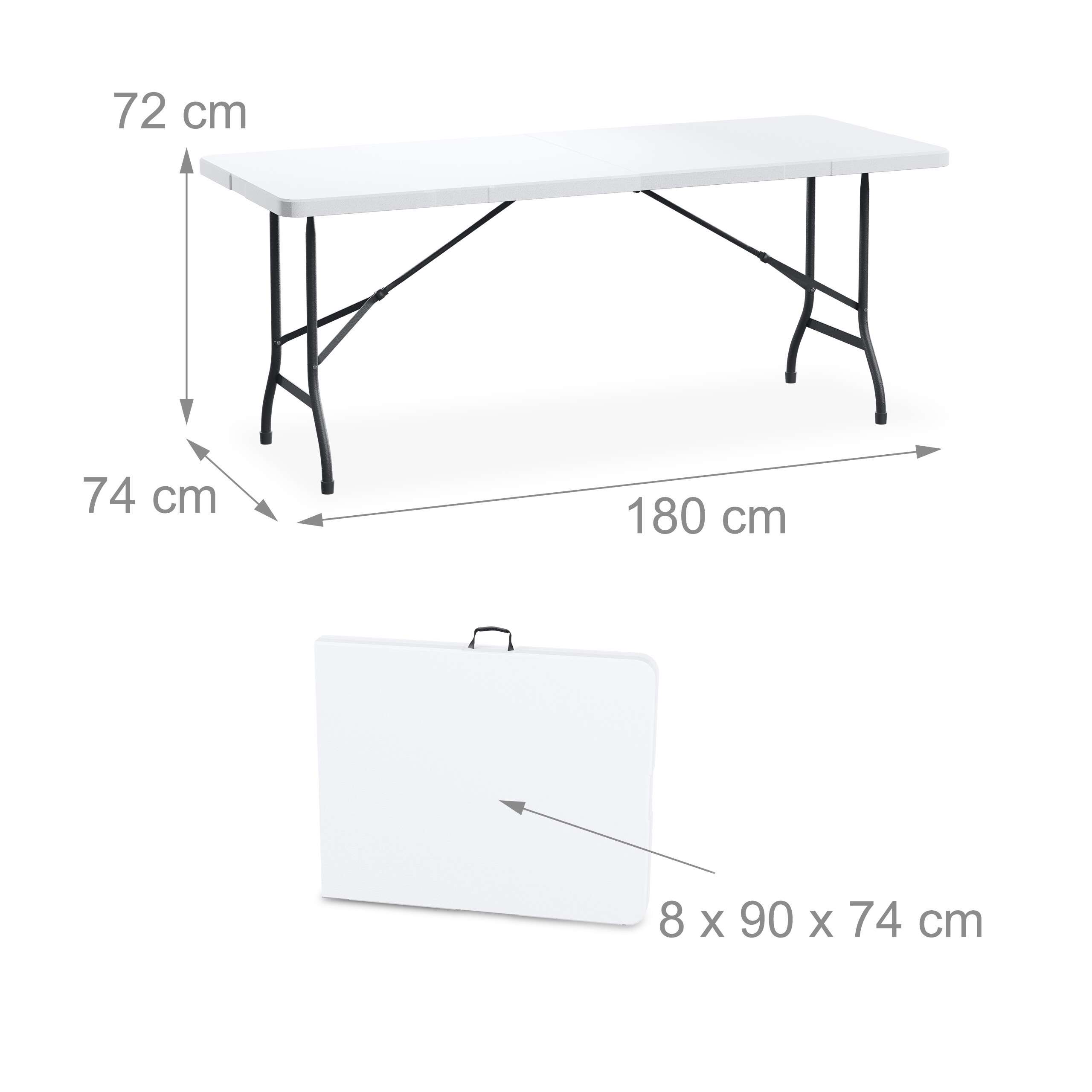 Weißer Klapptisch mit schwarzen Metallbeinen, vollständig aufgebaut und zusammengeklappt mit Maßen.