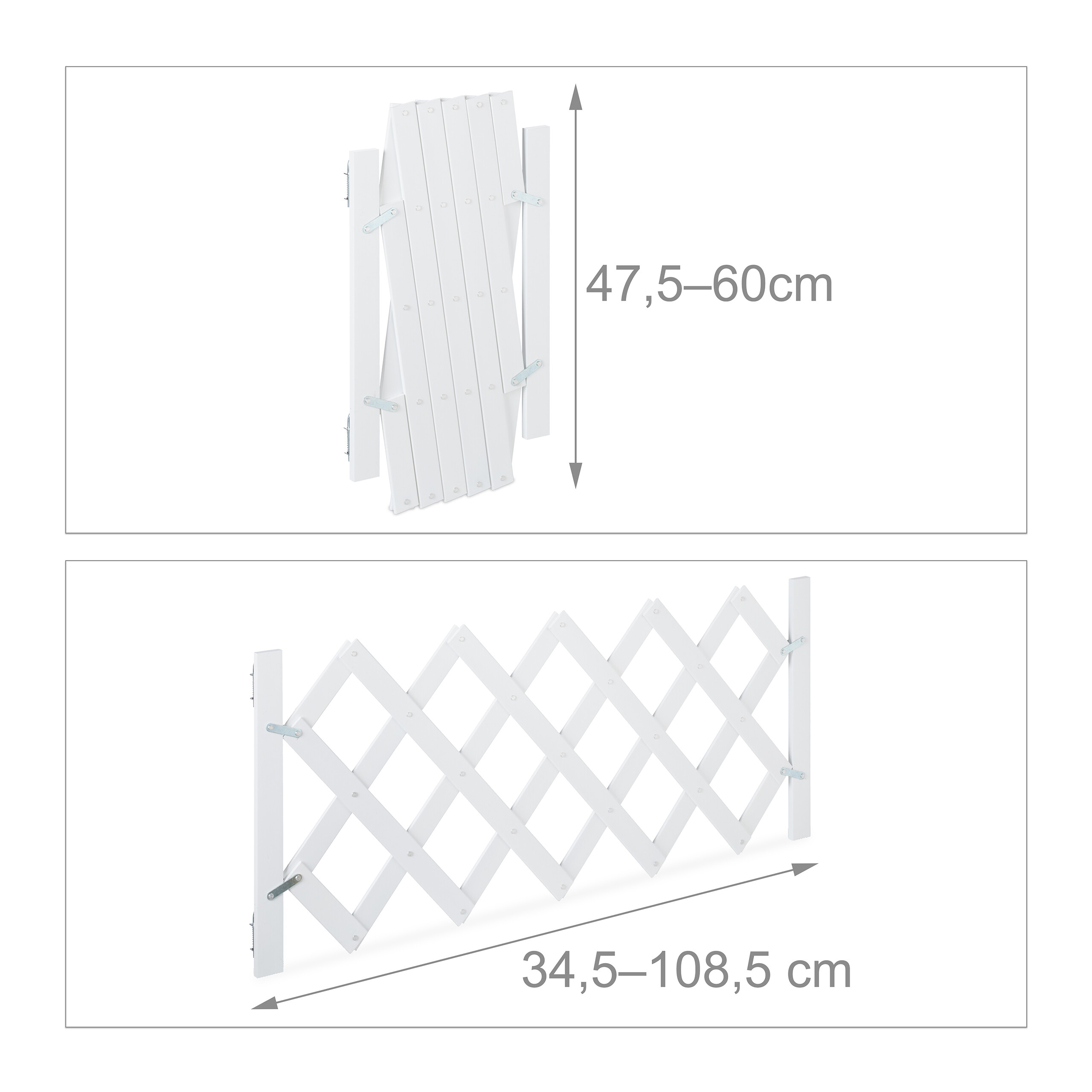 Weißes ausziehbares Holzschutzgitter, zusammengeklappt 47,5-60cm und ausgezogen 34,5-108,5cm.