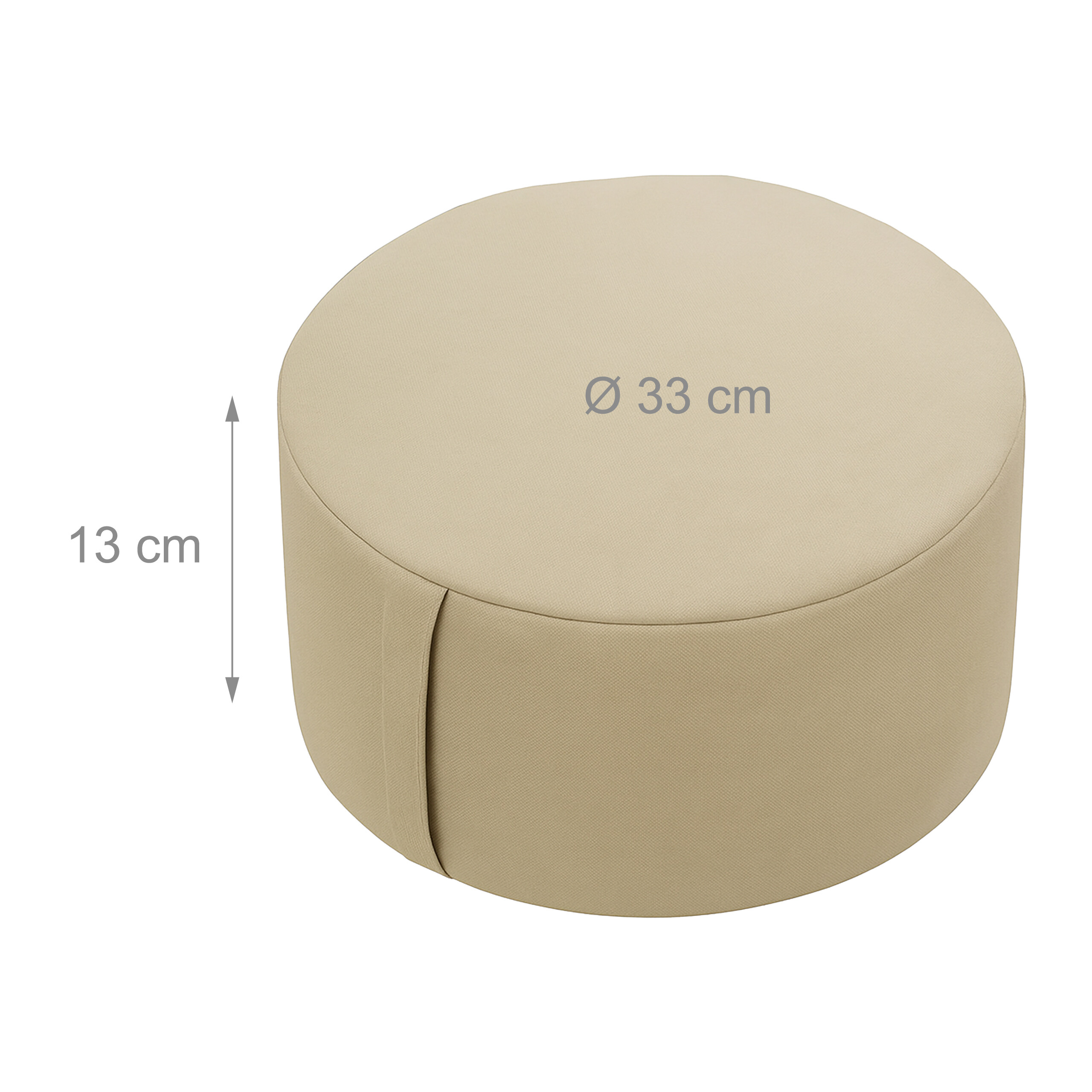 Beige Kissen mit Maßen: 33 cm Durchmesser und 13 cm Höhe.