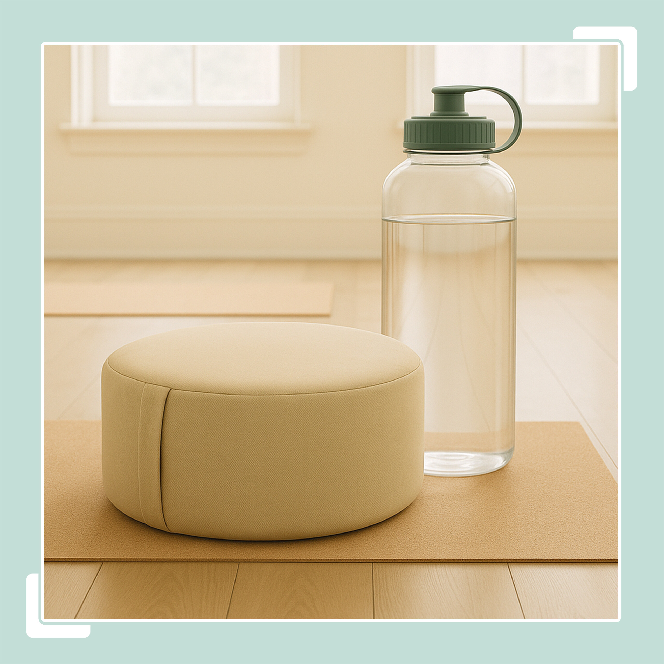 Ein beiges Meditationskissen und eine Wasserflasche stehen auf einer Yogamatte.