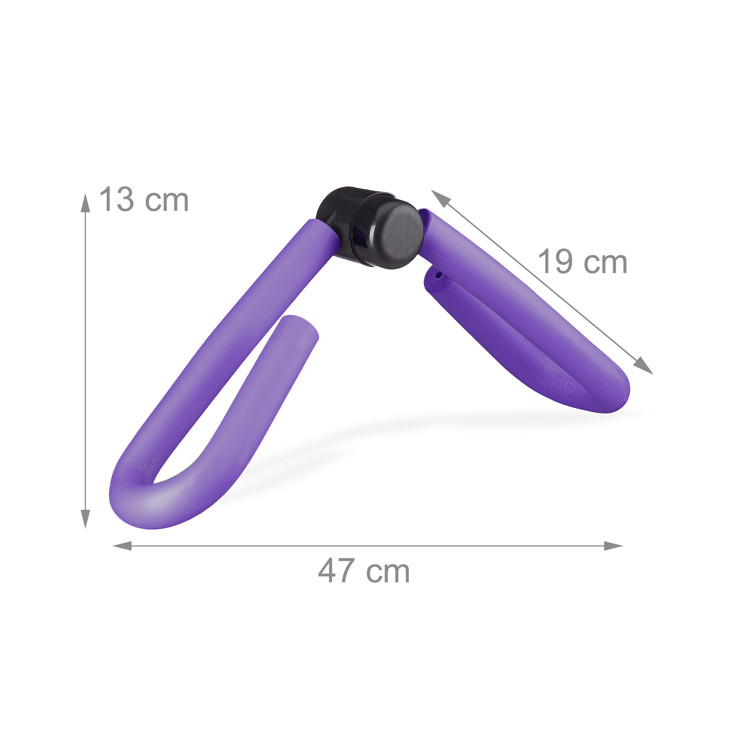 Lila Oberschenkel-Trainer mit schwarzem Gelenk und Maßpfeilen von 13 cm, 19 cm und 47 cm vor weißem Hintergrund.