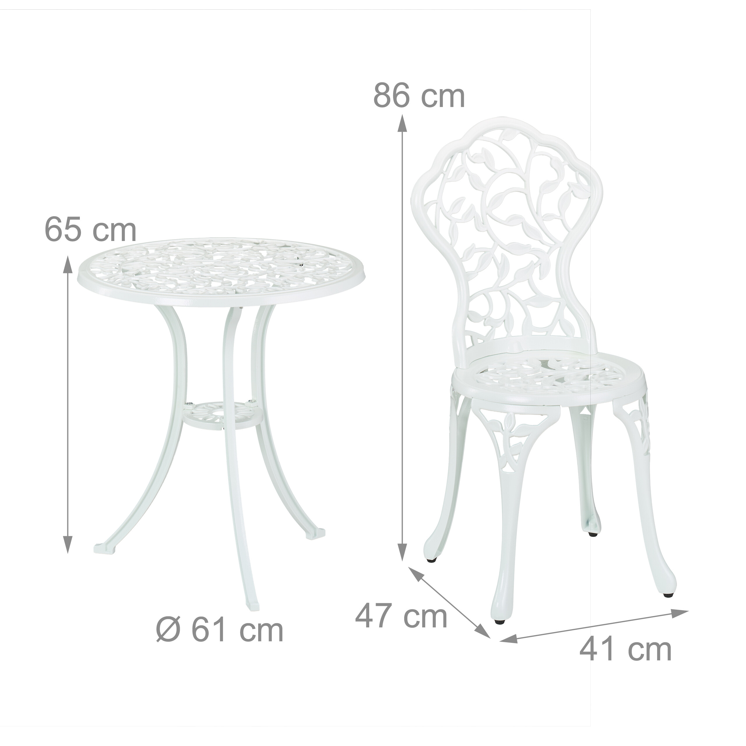 Technische Zeichnung mit Maßen für einen runden weißen Gartentisch und einen passenden Stuhl.