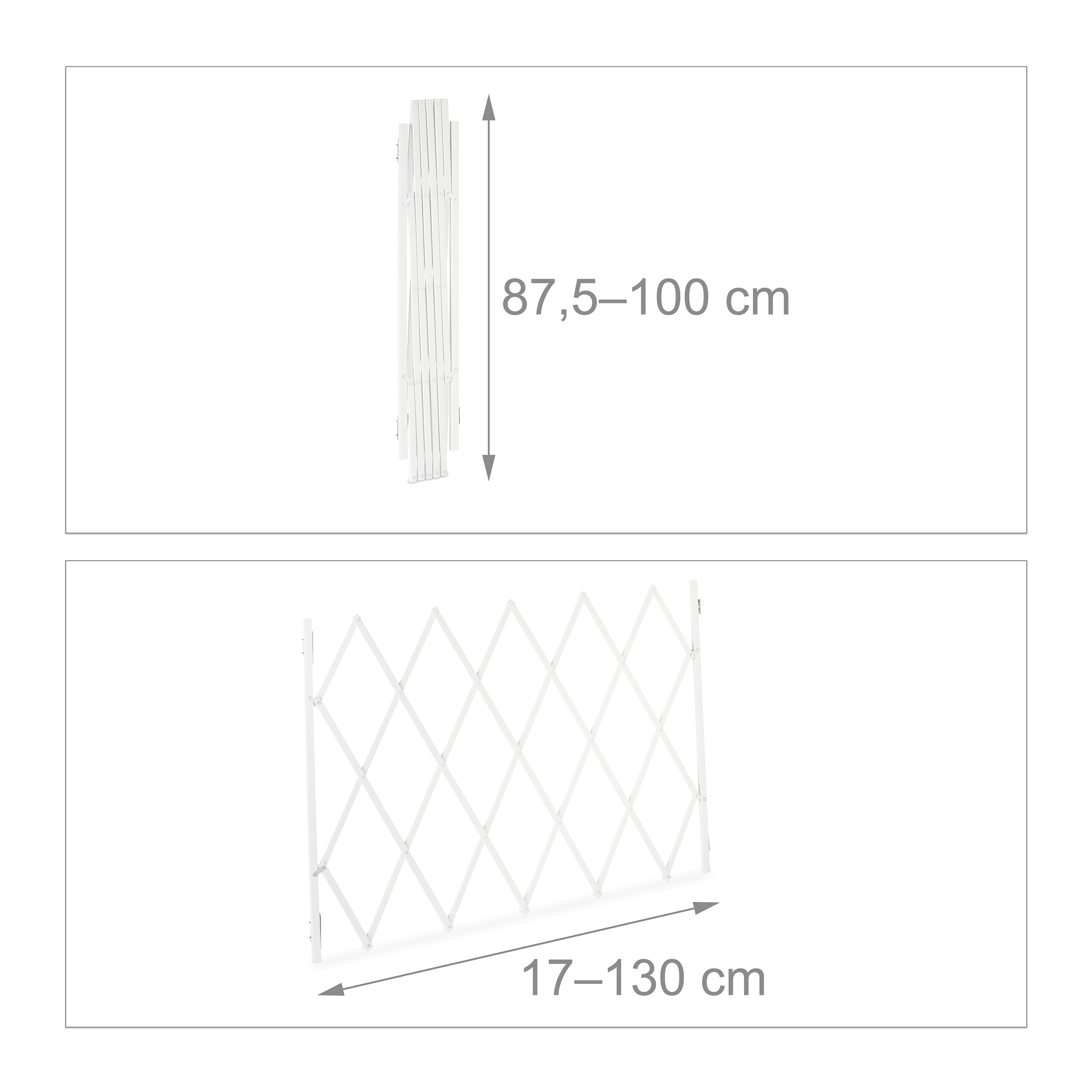 Diagramm zeigt die Maße einer weißen, ausziehbaren Gittertür: Höhe 87,5–100 cm, Breite 17–130 cm.