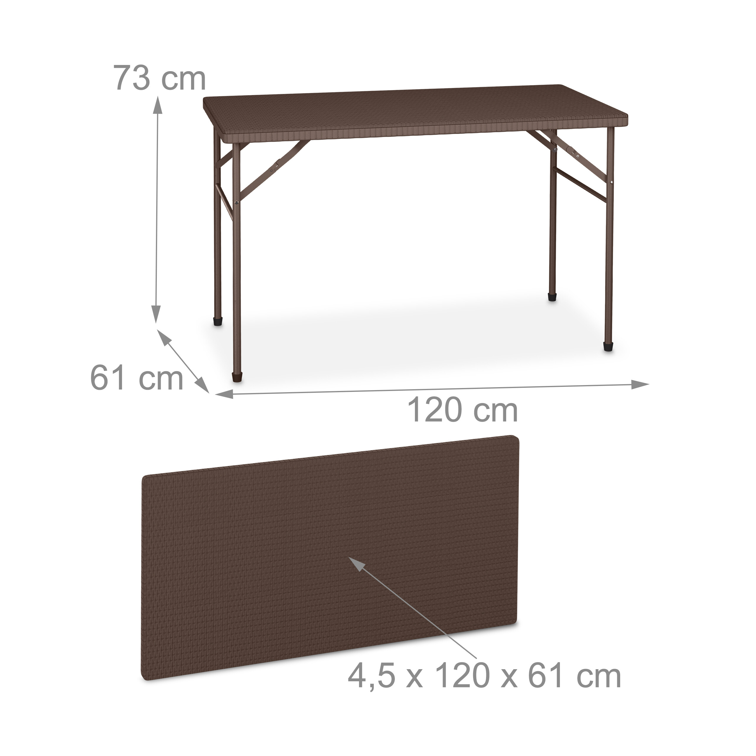 Brauner Klapptisch mit Maßen: 120 cm Länge, 61 cm Breite, 73 cm Höhe.