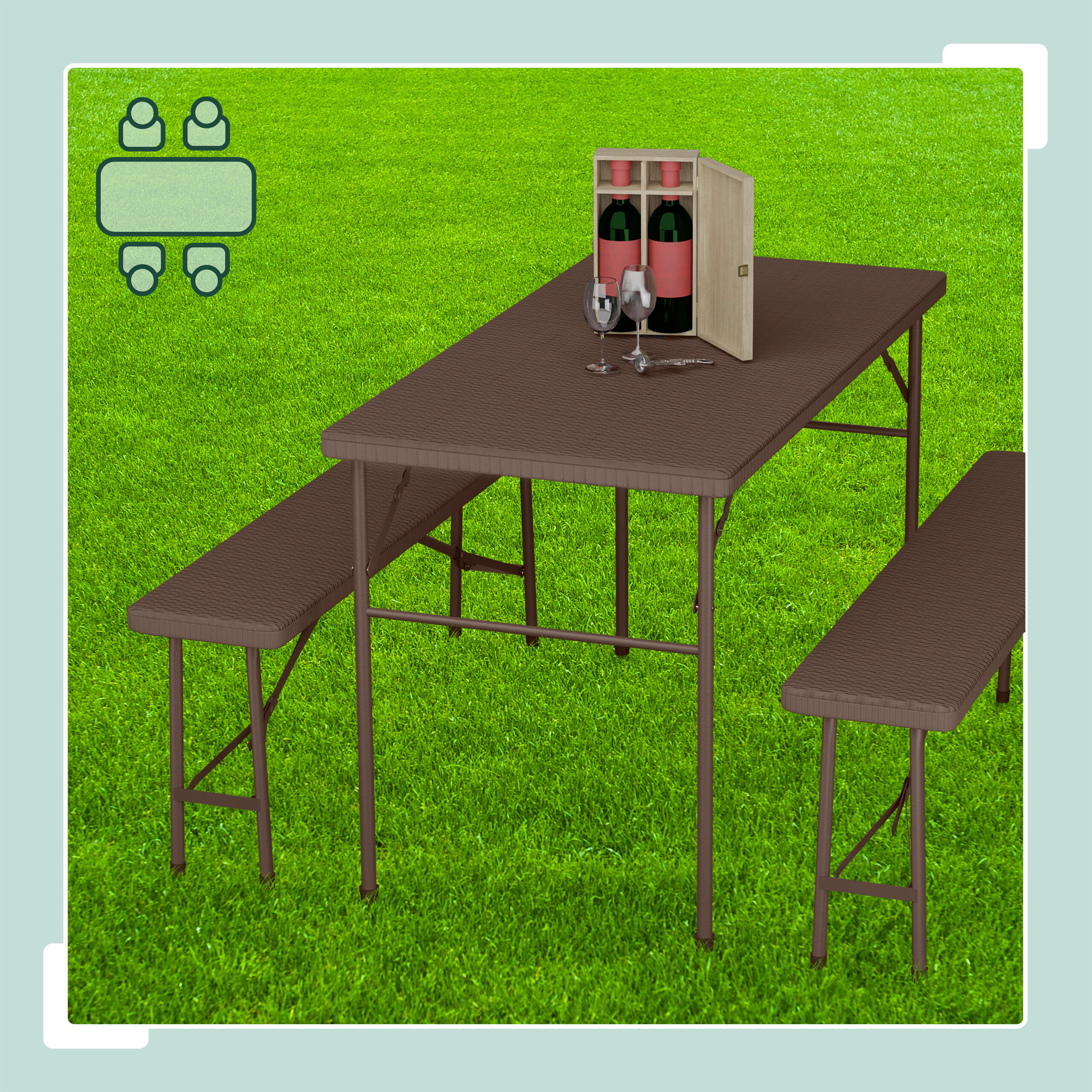 Ein brauner Klapptisch mit zwei Bänken steht auf grünem Rasen, darauf Wein, Gläser und ein Diagramm.