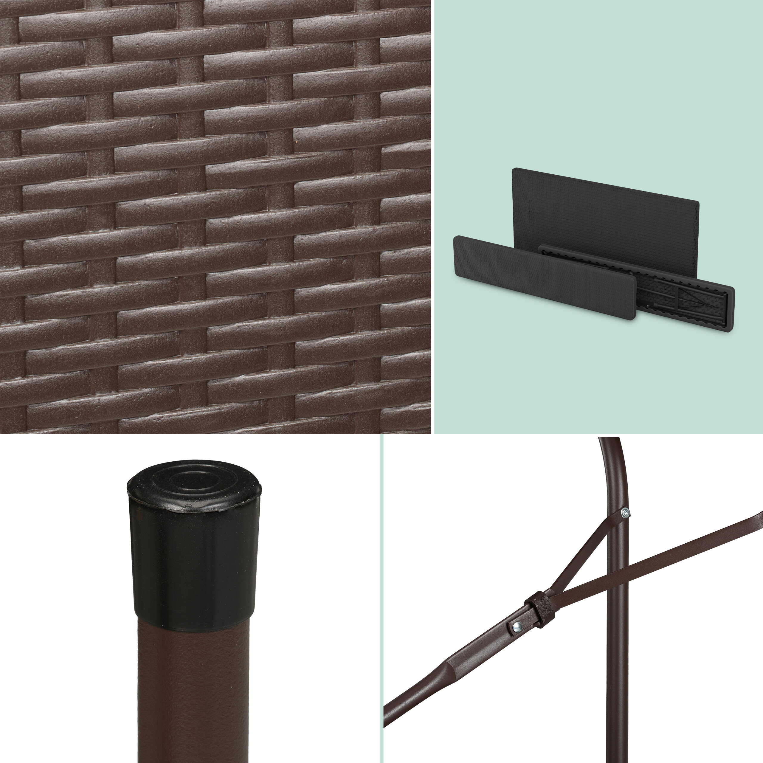 Details zeigen braunes Rattan, einen Halter, eine Gummikappe und den Klappmechanismus eines Möbelstücks.