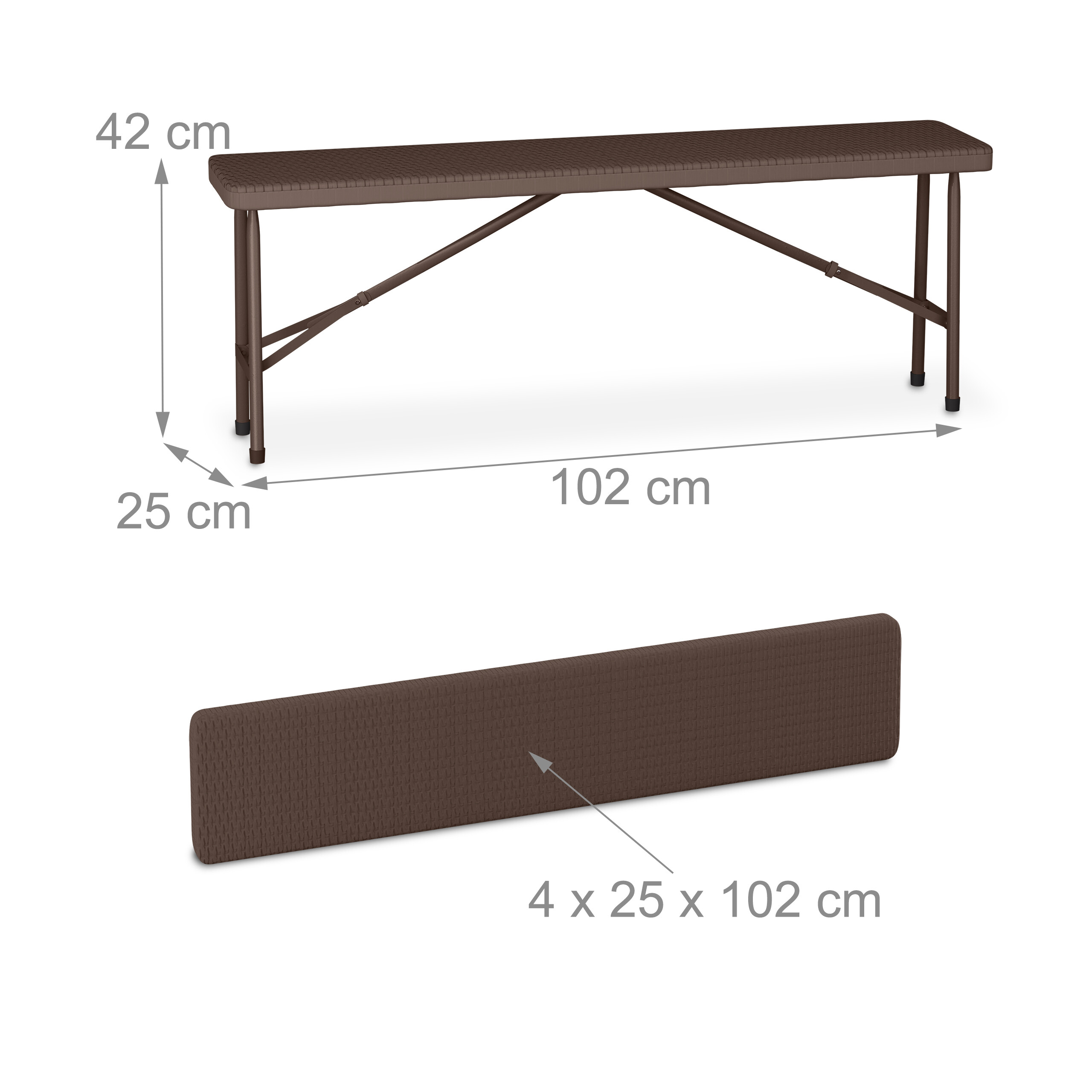Braune Klappbank mit Maßen: Höhe 42 cm, Breite 102 cm, Tiefe 25 cm.