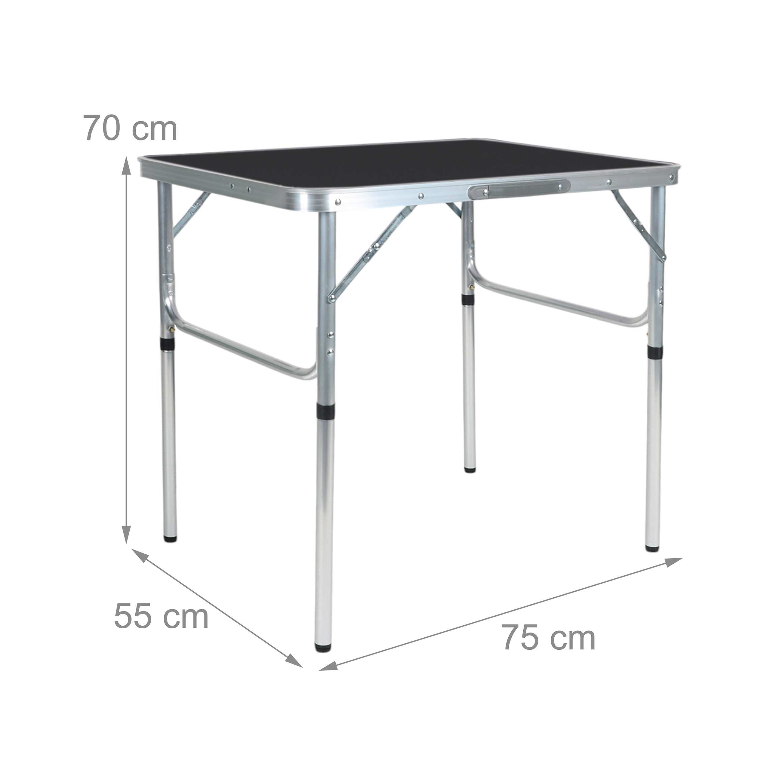 Ein klappbarer Campingtisch mit Maßen 75 cm Länge, 55 cm Breite und 70 cm Höhe vor weißem Hintergrund.