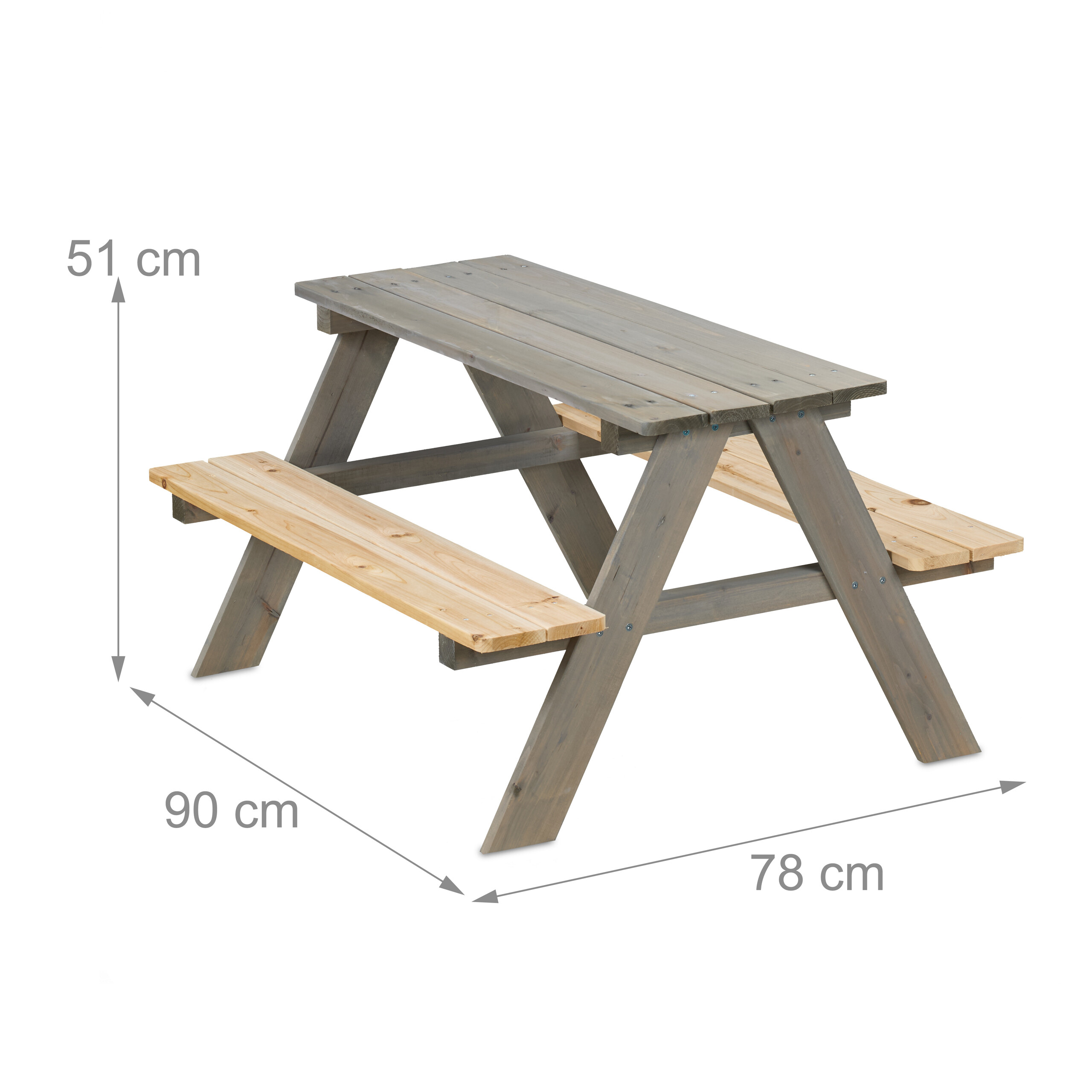 Ein hölzerner Picknicktisch mit Bänken und Maßpfeilen für 51 cm, 90 cm und 78 cm.