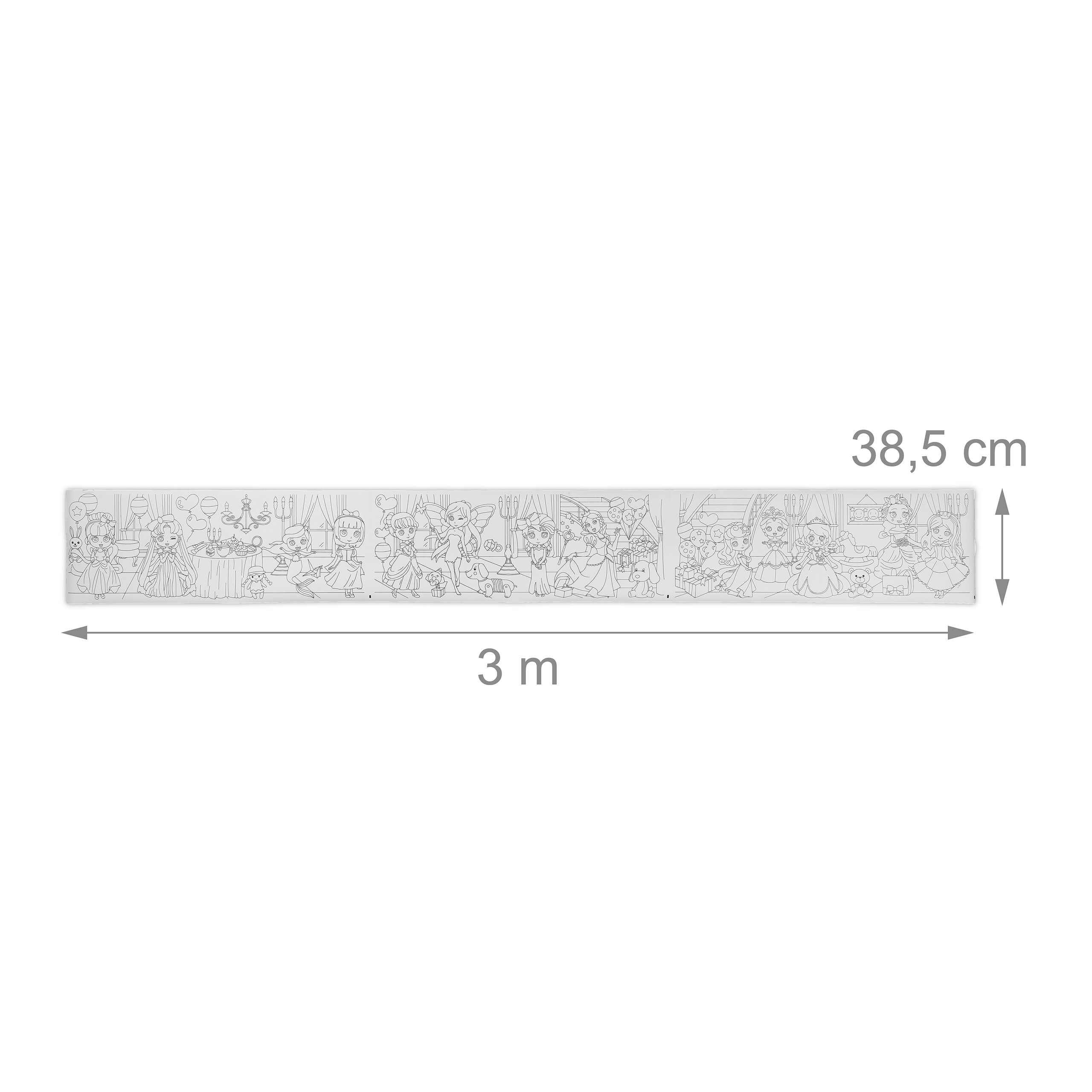 Langes Malbuch mit verschiedenen Prinzessinnen-Szenen, 3m lang und 38,5cm hoch.