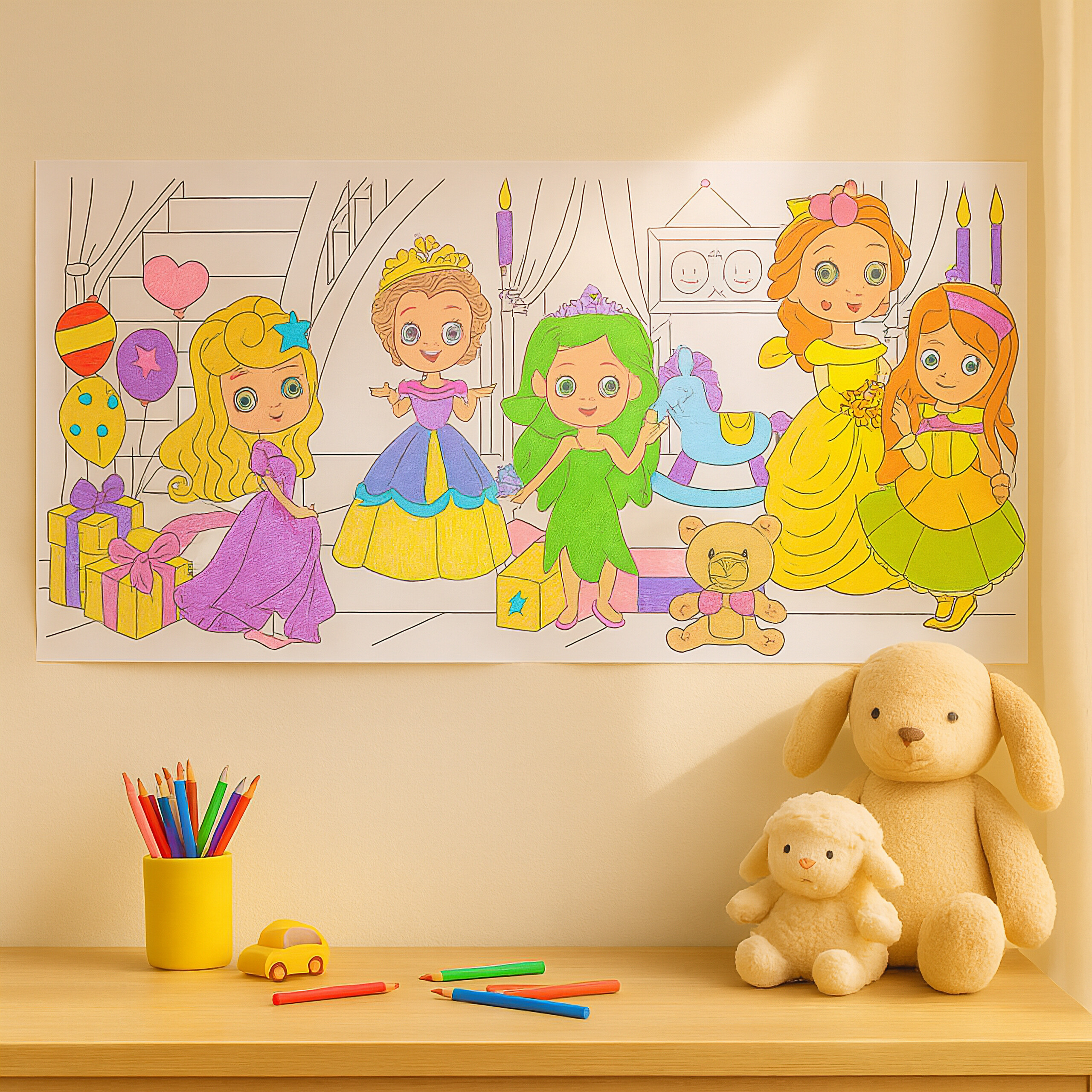 Ein großes Ausmalbild mit fünf Prinzessinnen hängt an der Wand; auf dem Tisch stehen Buntstifte und Stofftiere.