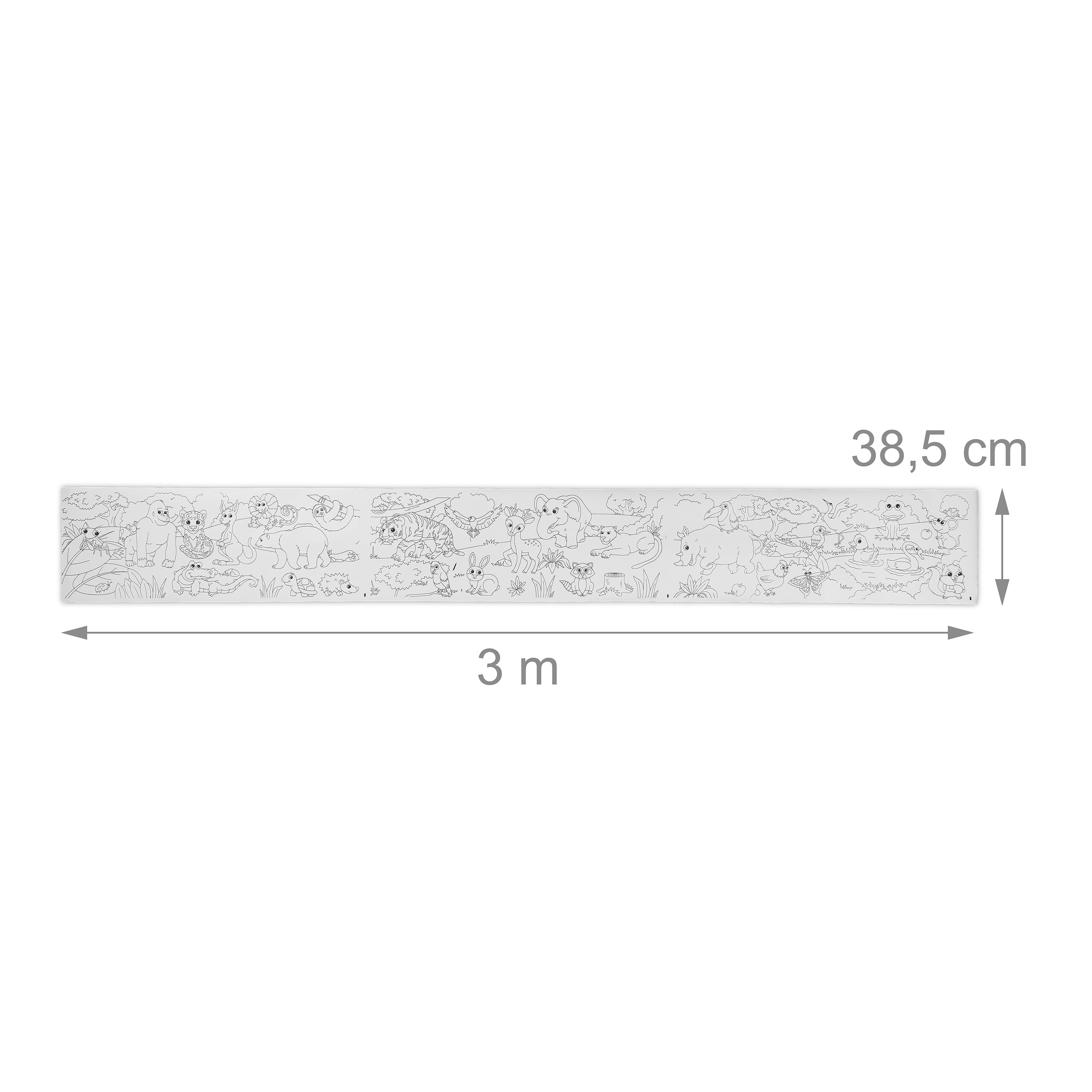 Ein langes Malposter mit Tieren, 3 Meter lang und 38,5 cm breit, vor weißem Hintergrund.