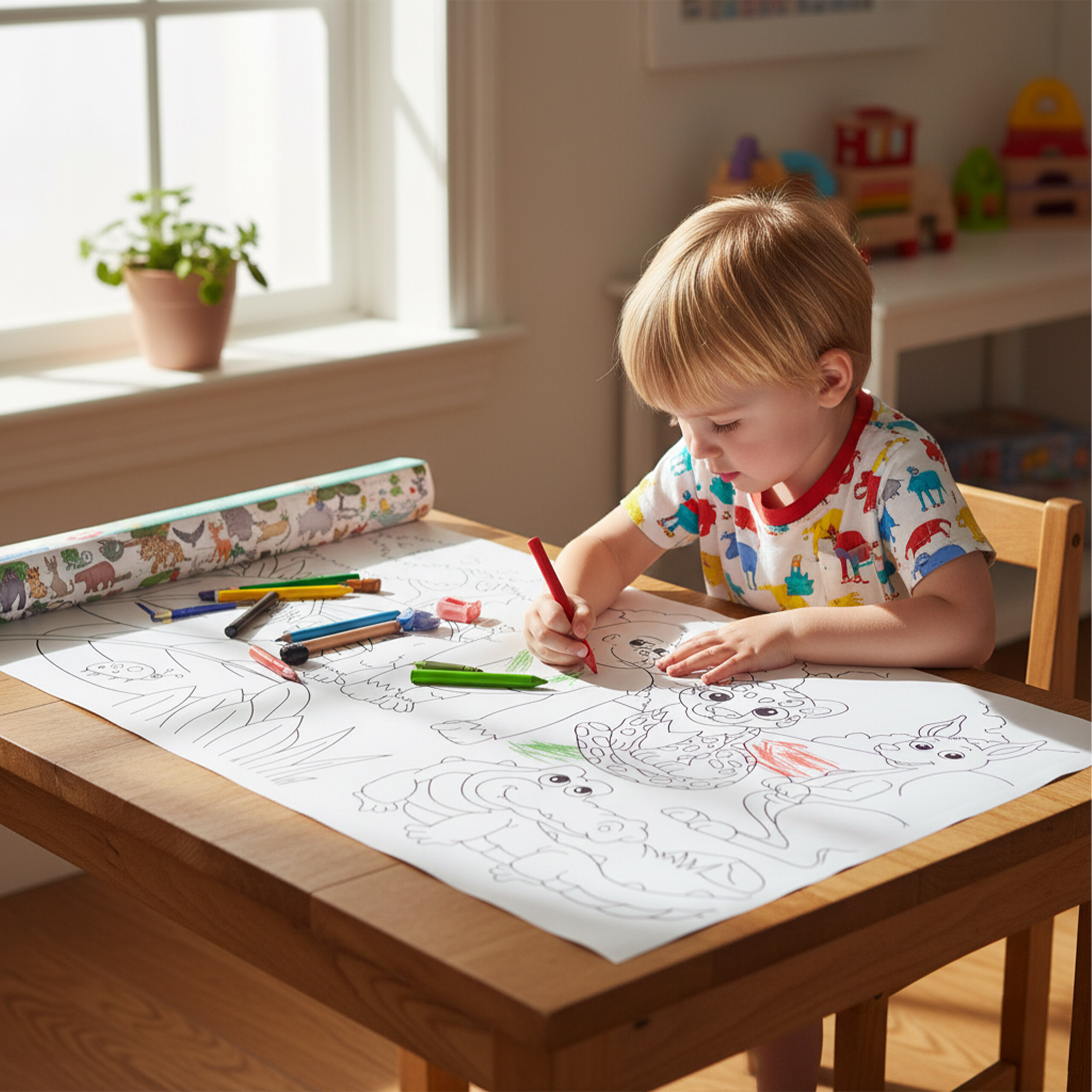 Kleiner Junge sitzt am Holztisch und malt mit einem roten Stift auf einem großen Papierbogen.