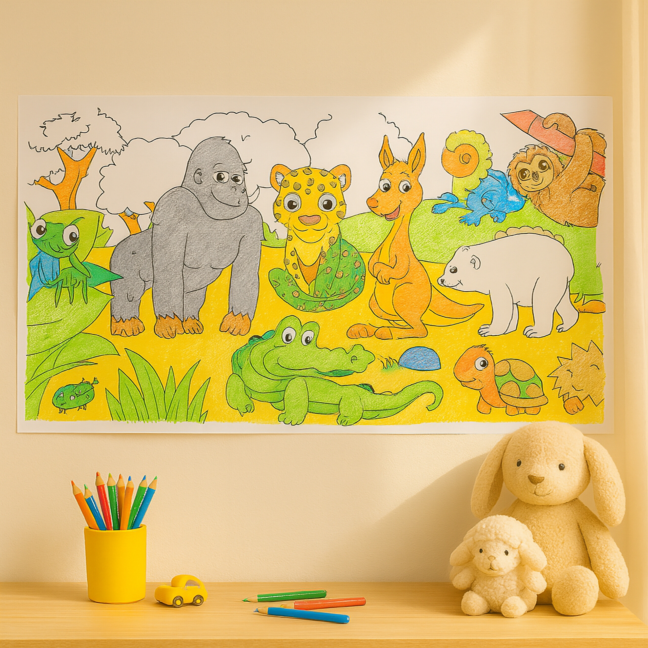 Eine bunte Dschungelzeichnung an einer Wand über einem Schreibtisch mit Stiftebecher, Spielzeug und Stoffschafen.