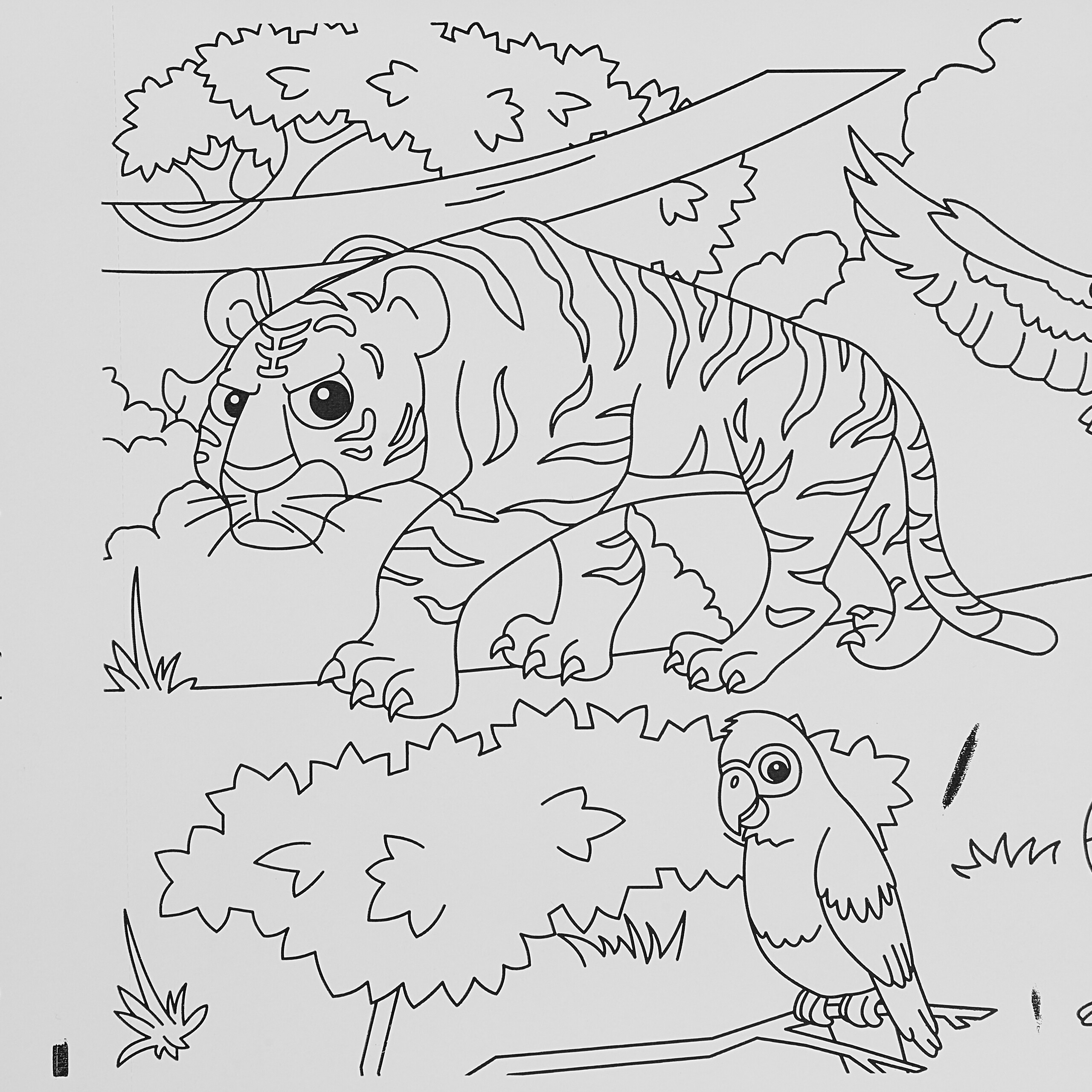 Ausmalbild einer Dschungelszene mit einem Tiger, einem Papagei und Bäumen.