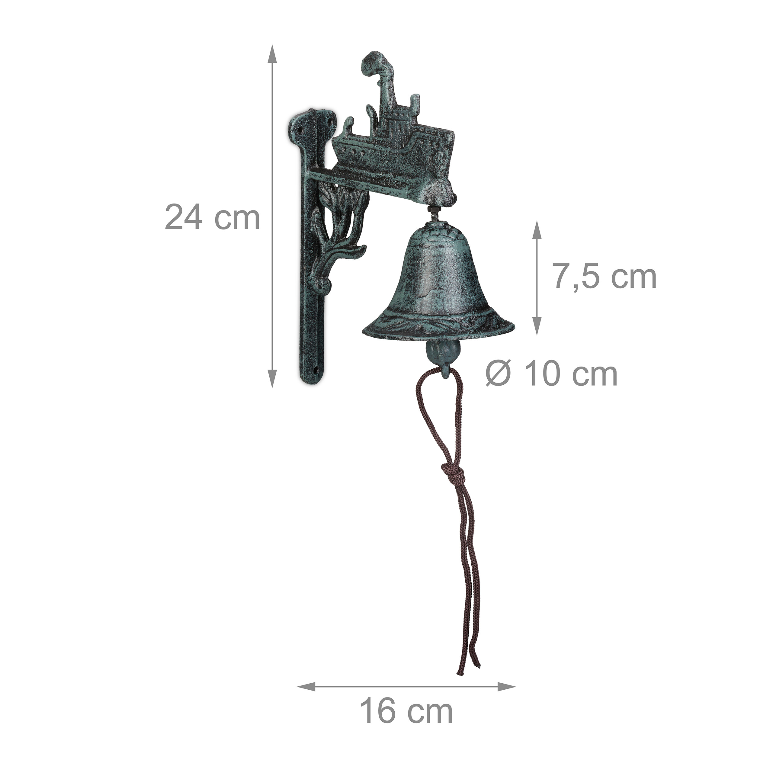 Gusseiserne Schiffglocke mit Maßen 24x16 cm und Seilklöppel auf weißem Hintergrund.