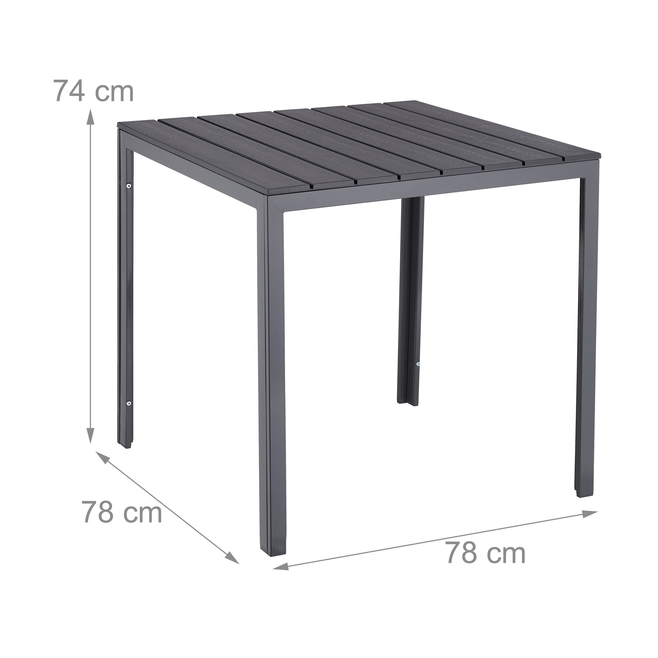 Ein grauer Gartentisch mit Maßen: 78x78 cm Breite und Tiefe, 74 cm Höhe.