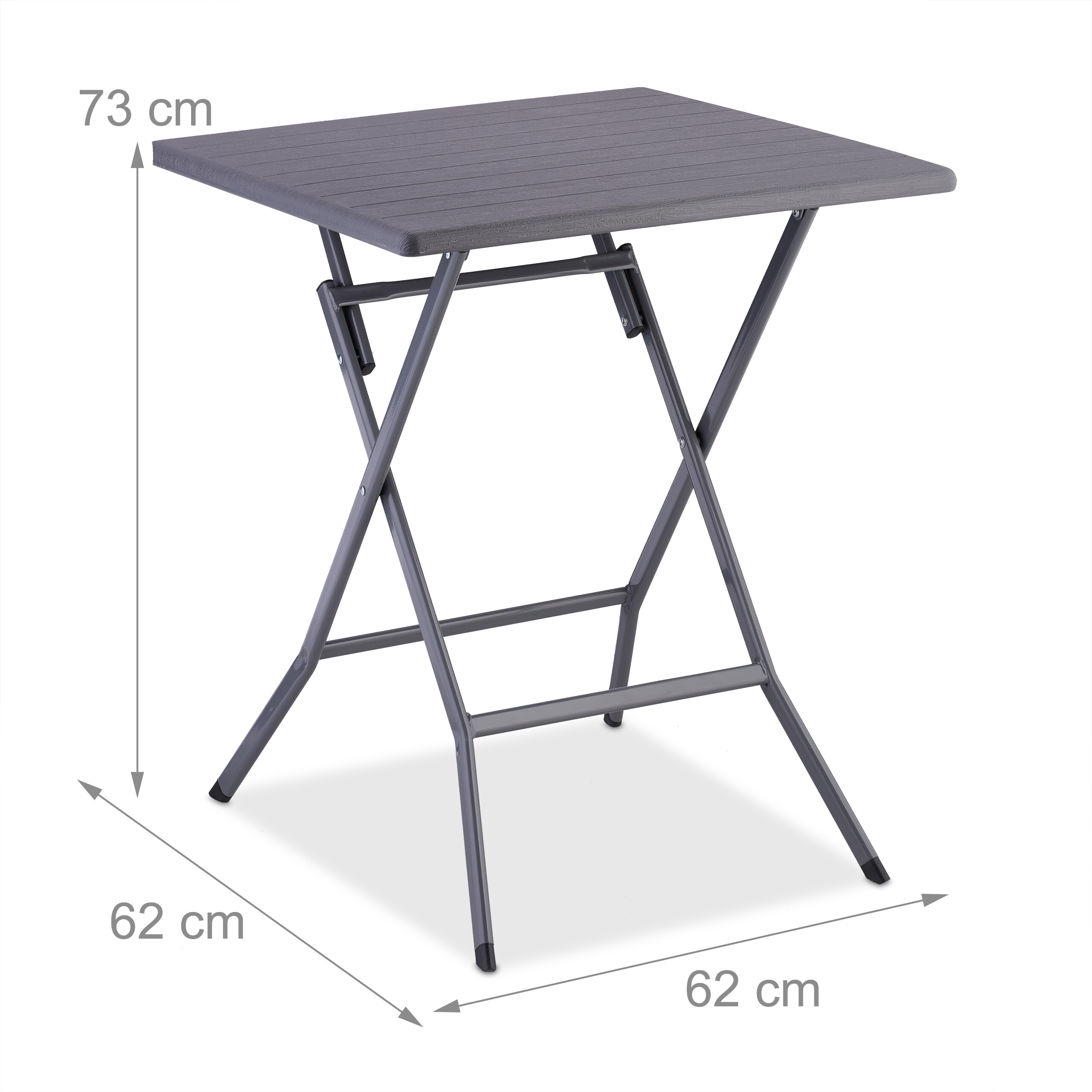 Grauer Klapptisch mit Metallgestell, 73 cm hoch, 62 cm breit und tief.