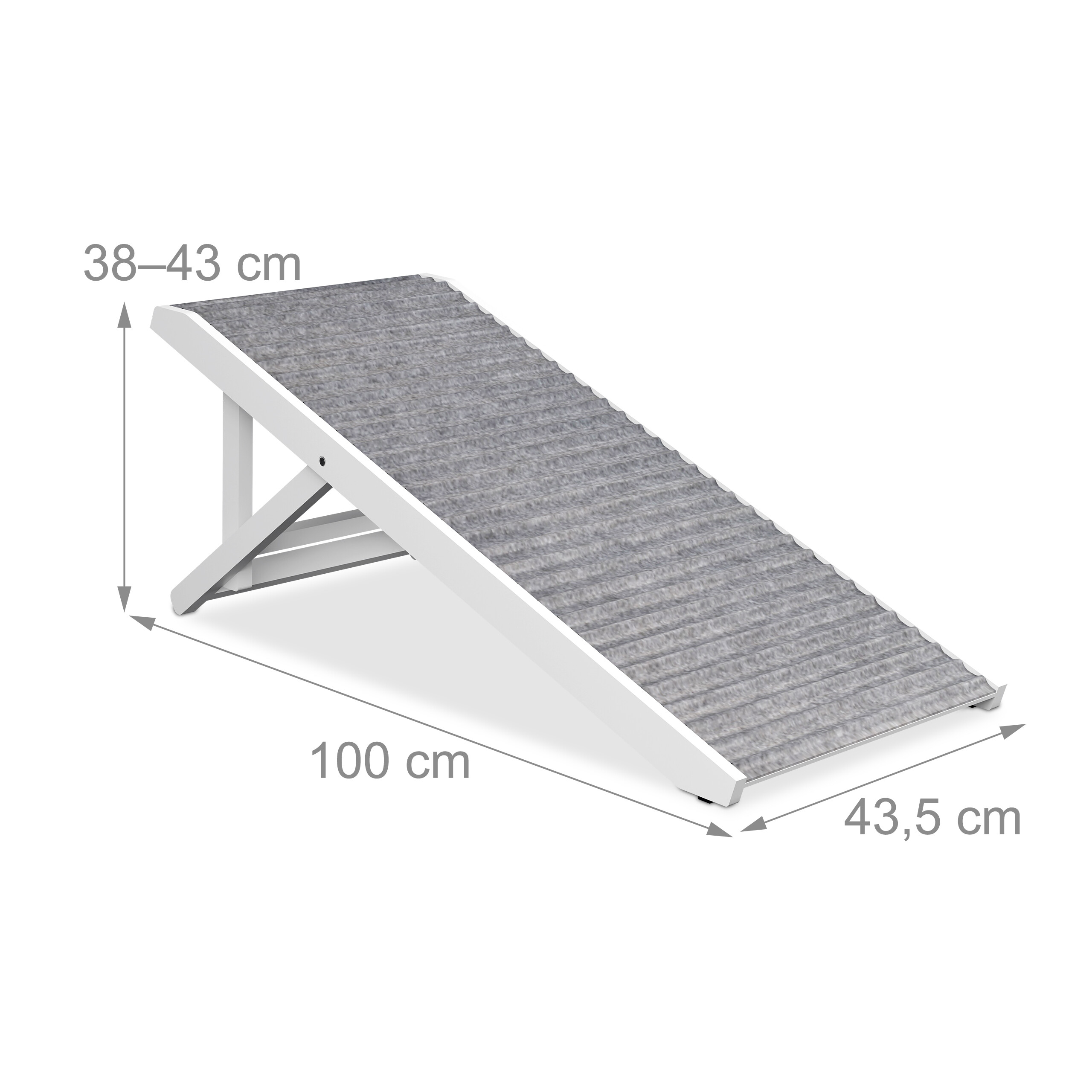 Eine graue und weiße Haustierrampe mit Maßen: Höhe 38-43 cm, Länge 100 cm, Breite 43,5 cm.