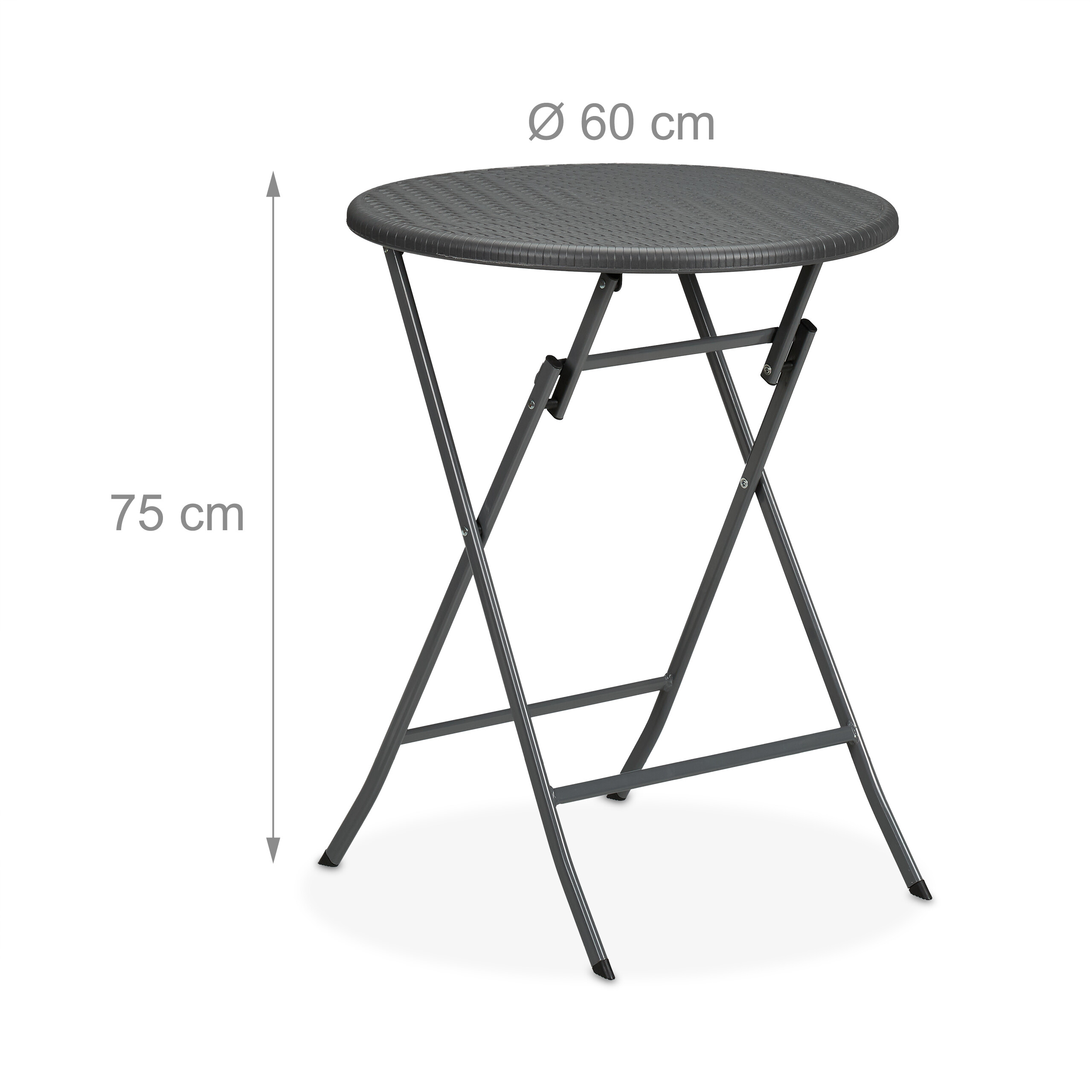 Runder, dunkelgrauer Klapptisch mit 60 cm Durchmesser und 75 cm Höhe vor weißem Hintergrund.