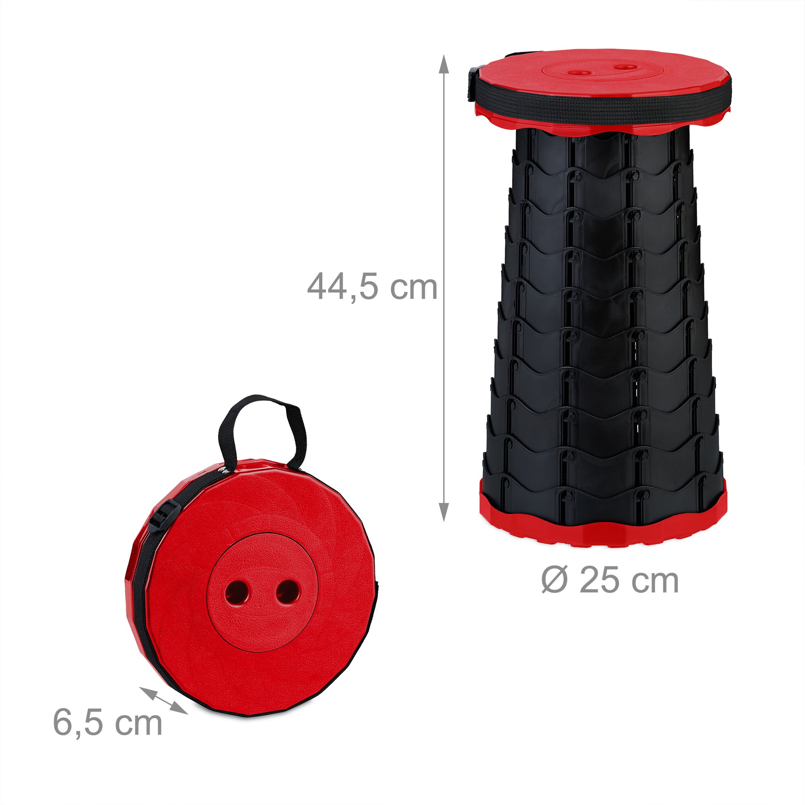 Ein roter und schwarzer Teleskophocker mit Maßen: Höhe 44,5 cm, Durchmesser 25 cm, zusammengeklappt 6,5 cm dick.