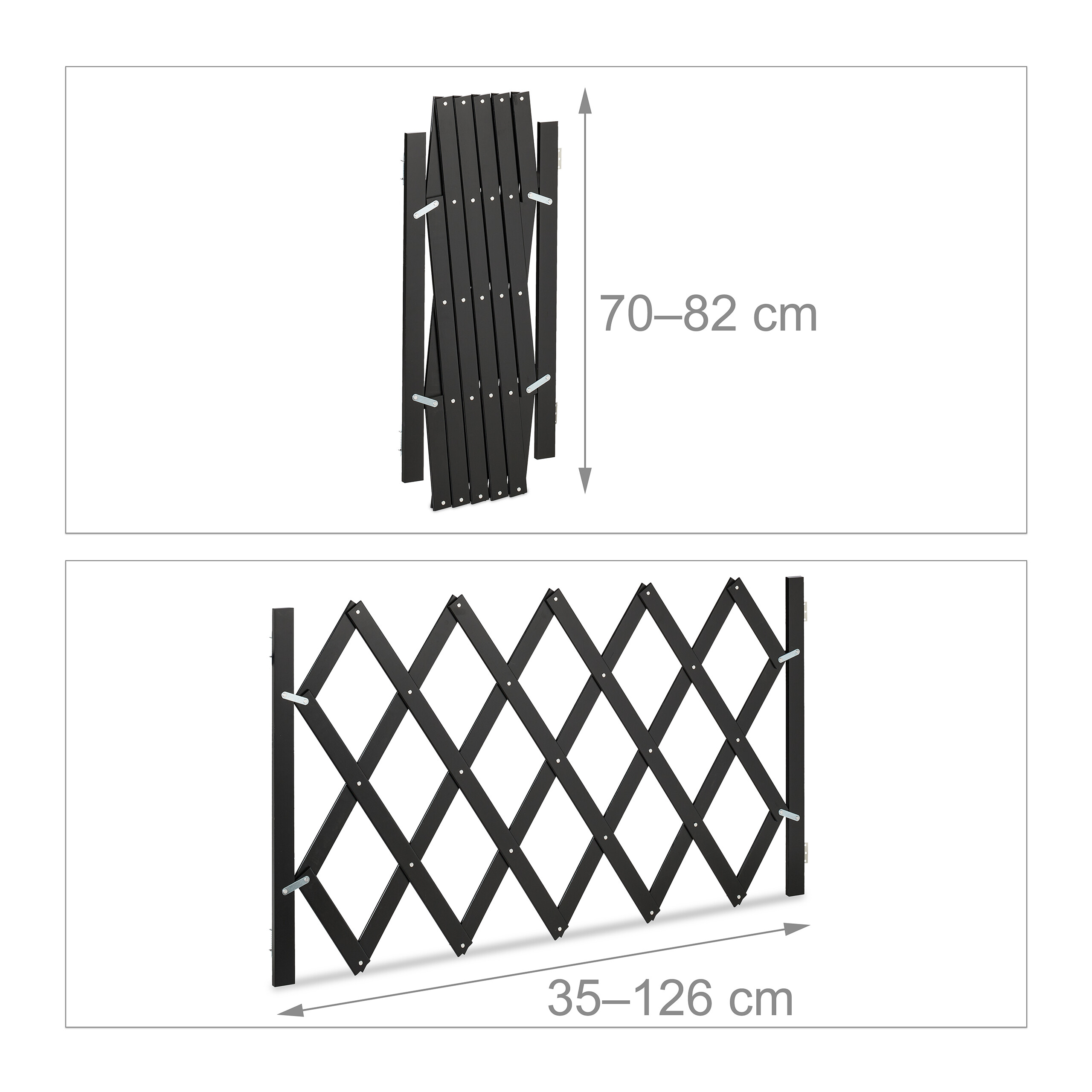 Diagramm zeigt eine ausziehbare schwarze Gittertür, Höhe 70–82 cm, Breite 35–126 cm.