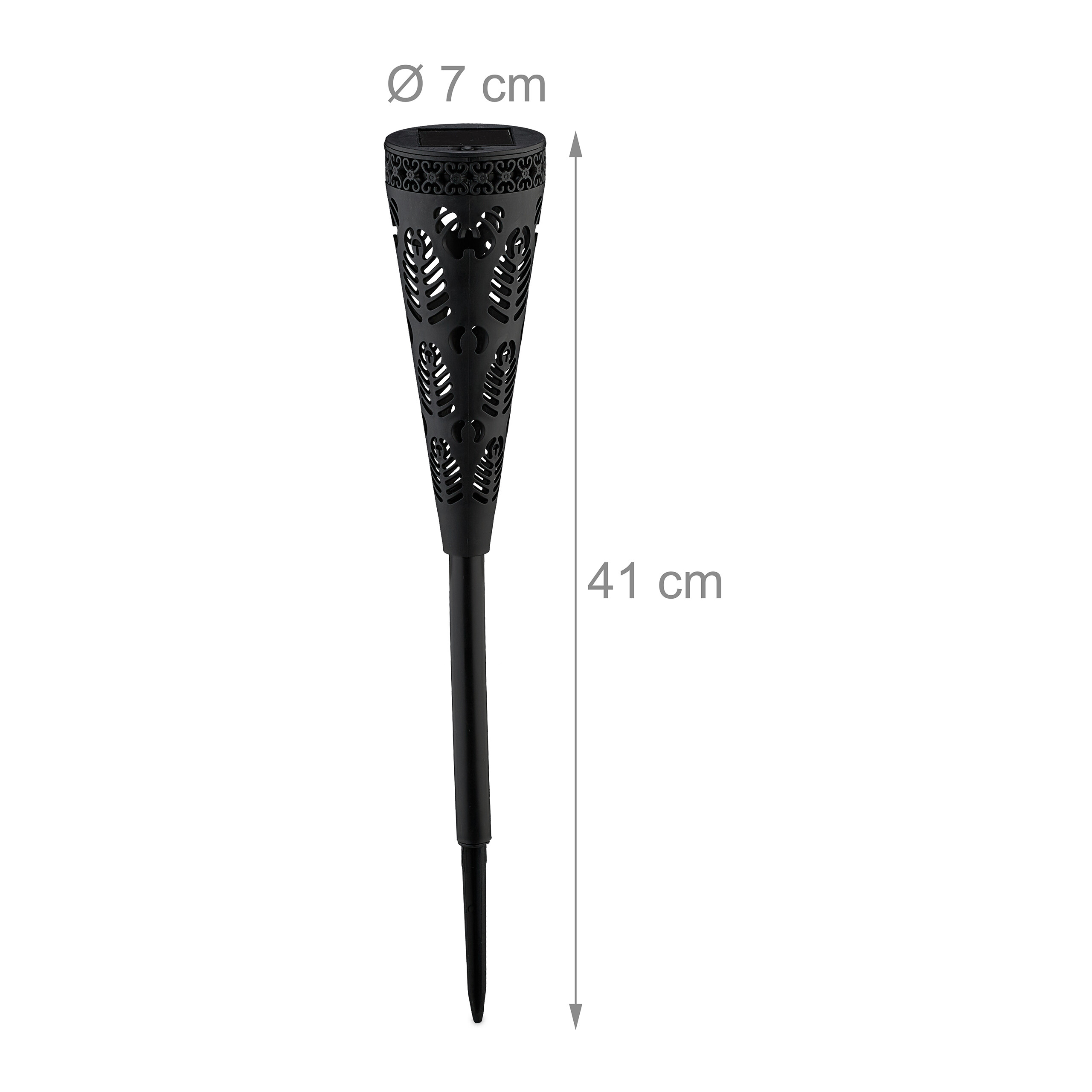 Schwarze Solargartenfackel mit dekorativem Muster, 7 cm Durchmesser und 41 cm Höhe.