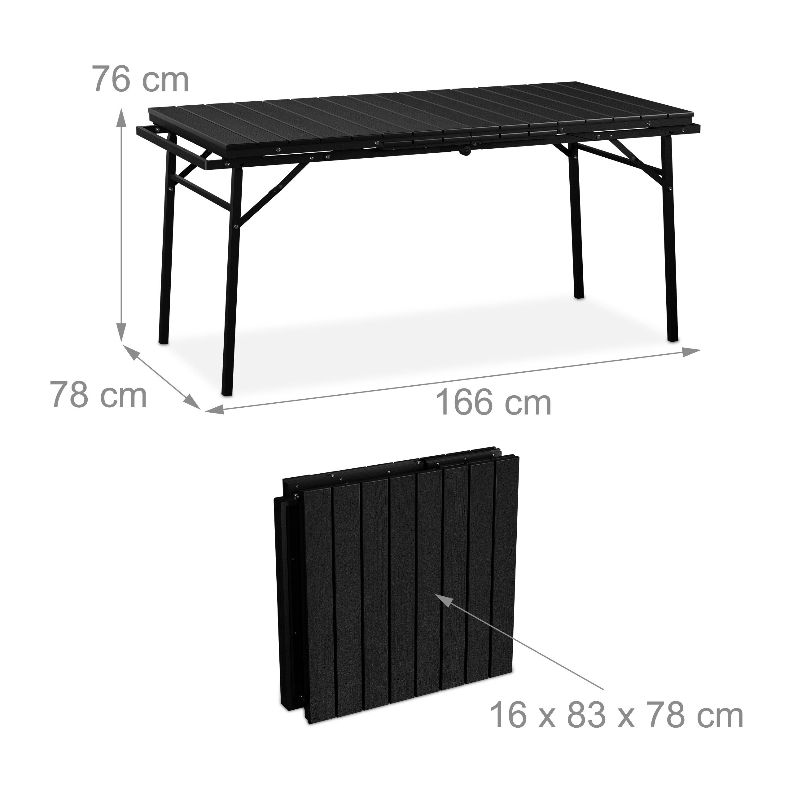 Schwarzer Klapptisch mit Maßen: 166x78x76 cm geöffnet und 16x83x78 cm zusammengeklappt.