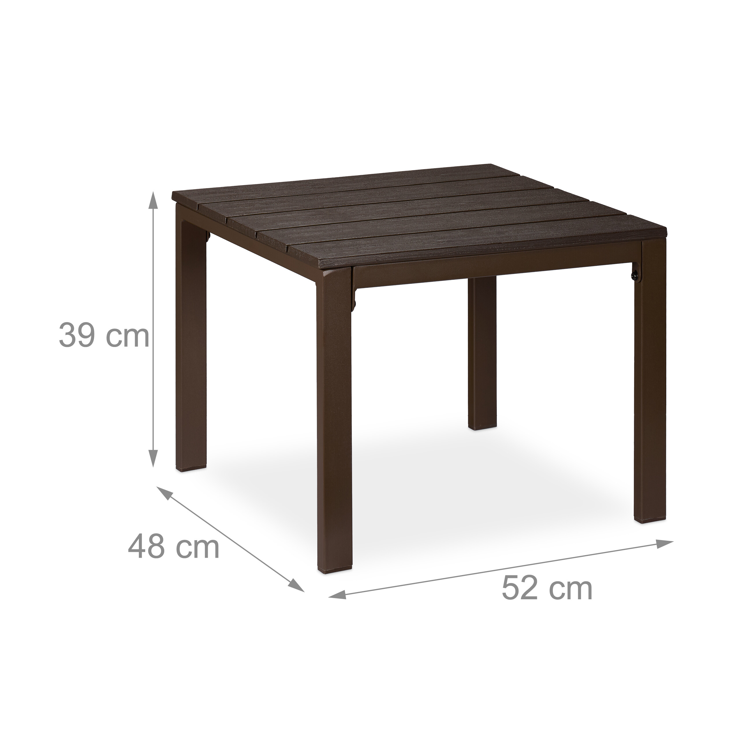 Ein kleiner dunkelbrauner quadratischer Tisch mit 39 cm Höhe, 48 cm Tiefe und 52 cm Breite.