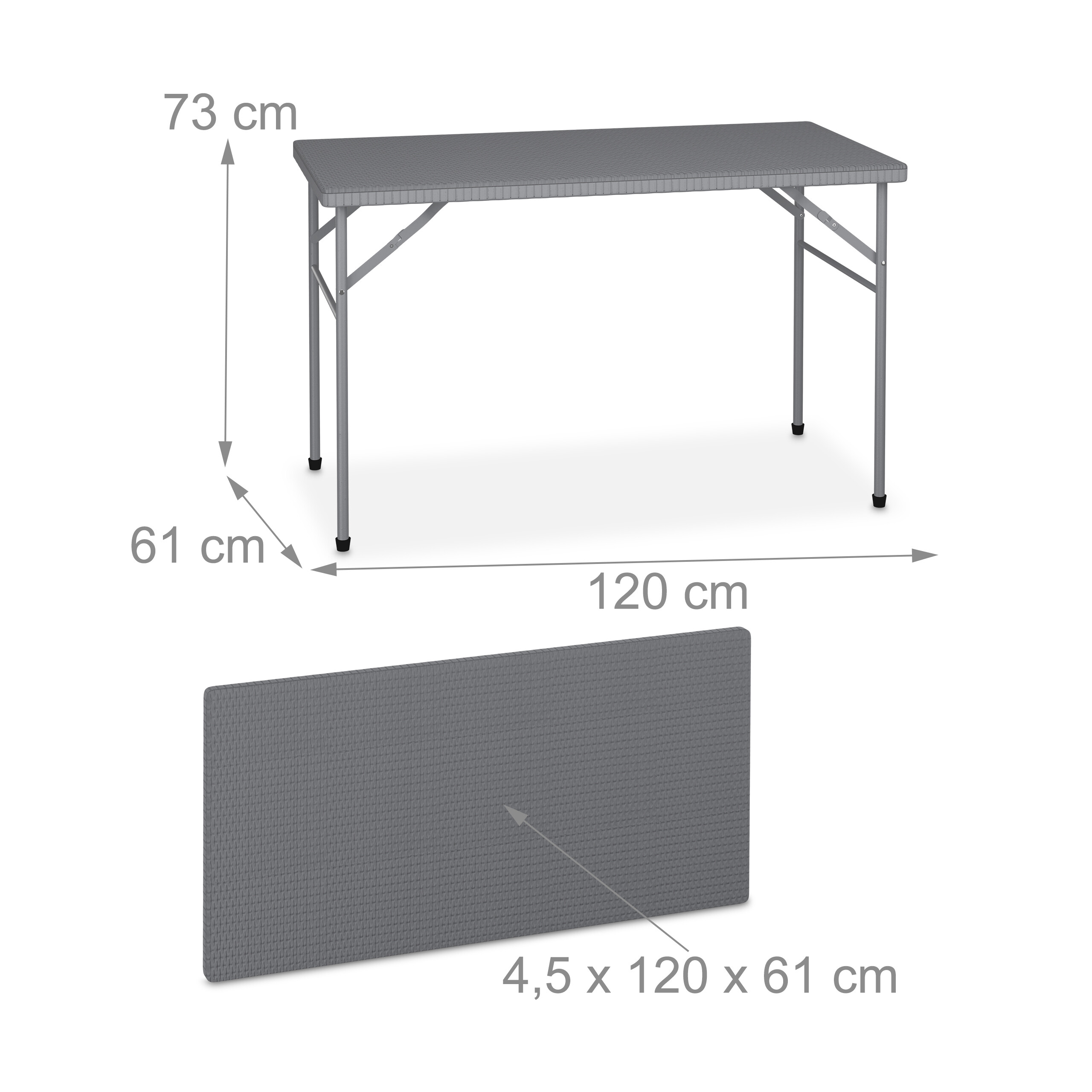 Grauer Rattantisch mit Maßen: 120 cm Länge, 61 cm Breite, 73 cm Höhe; gefaltet 4,5x120x61 cm.