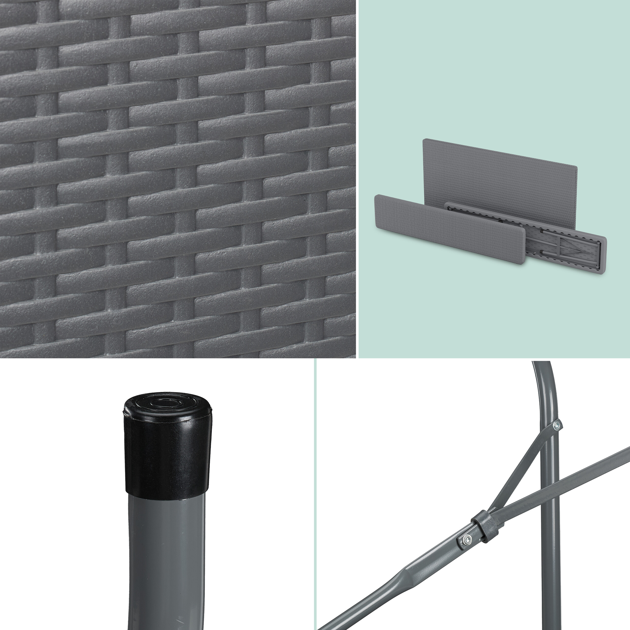 Graue Polyrattan-Struktur, Kunststoffverbindungsstück, schwarze Stangenkappe und Metallrahmen.