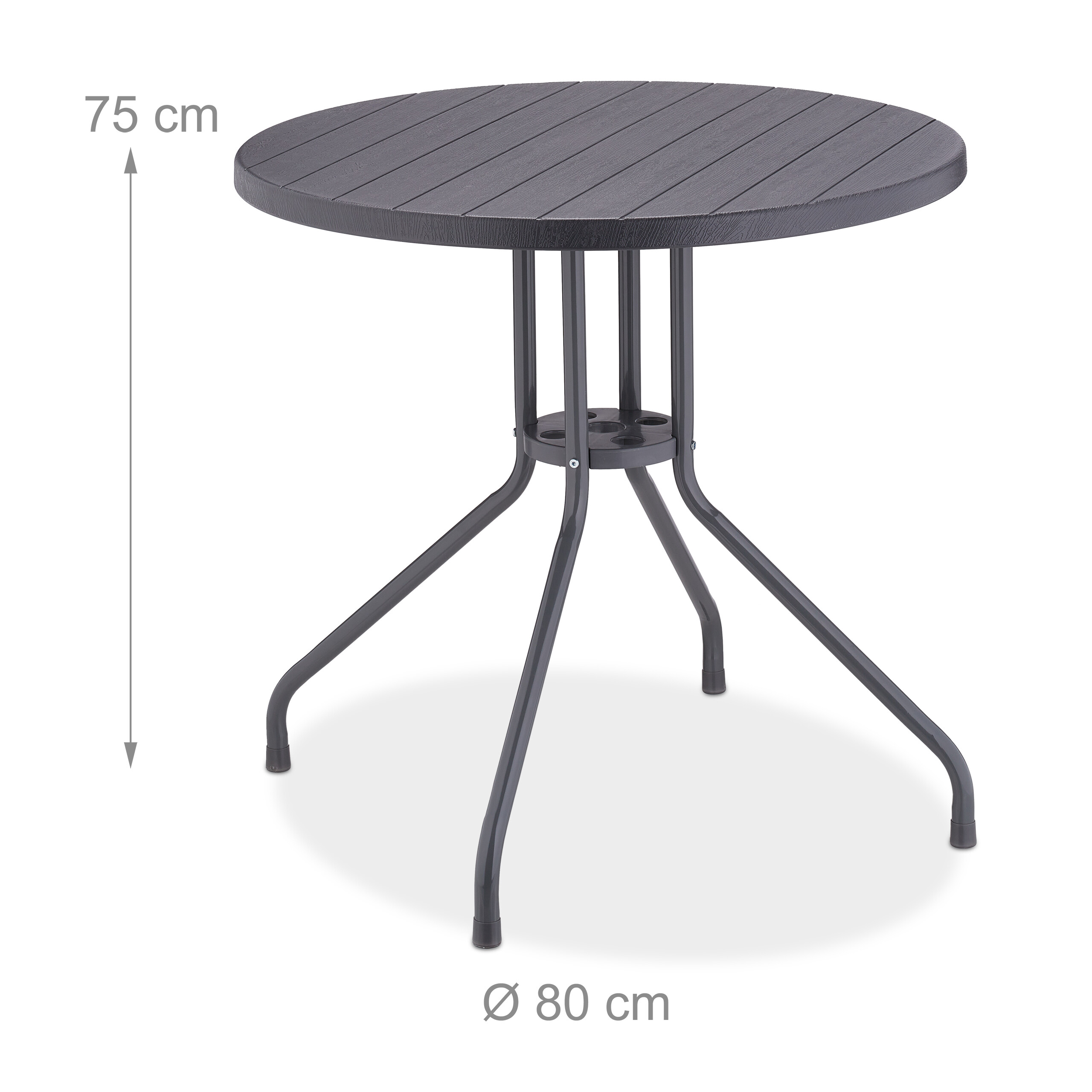 Runder grauer Gartentisch mit Metallbeinen, Höhe 75 cm, Durchmesser 80 cm.