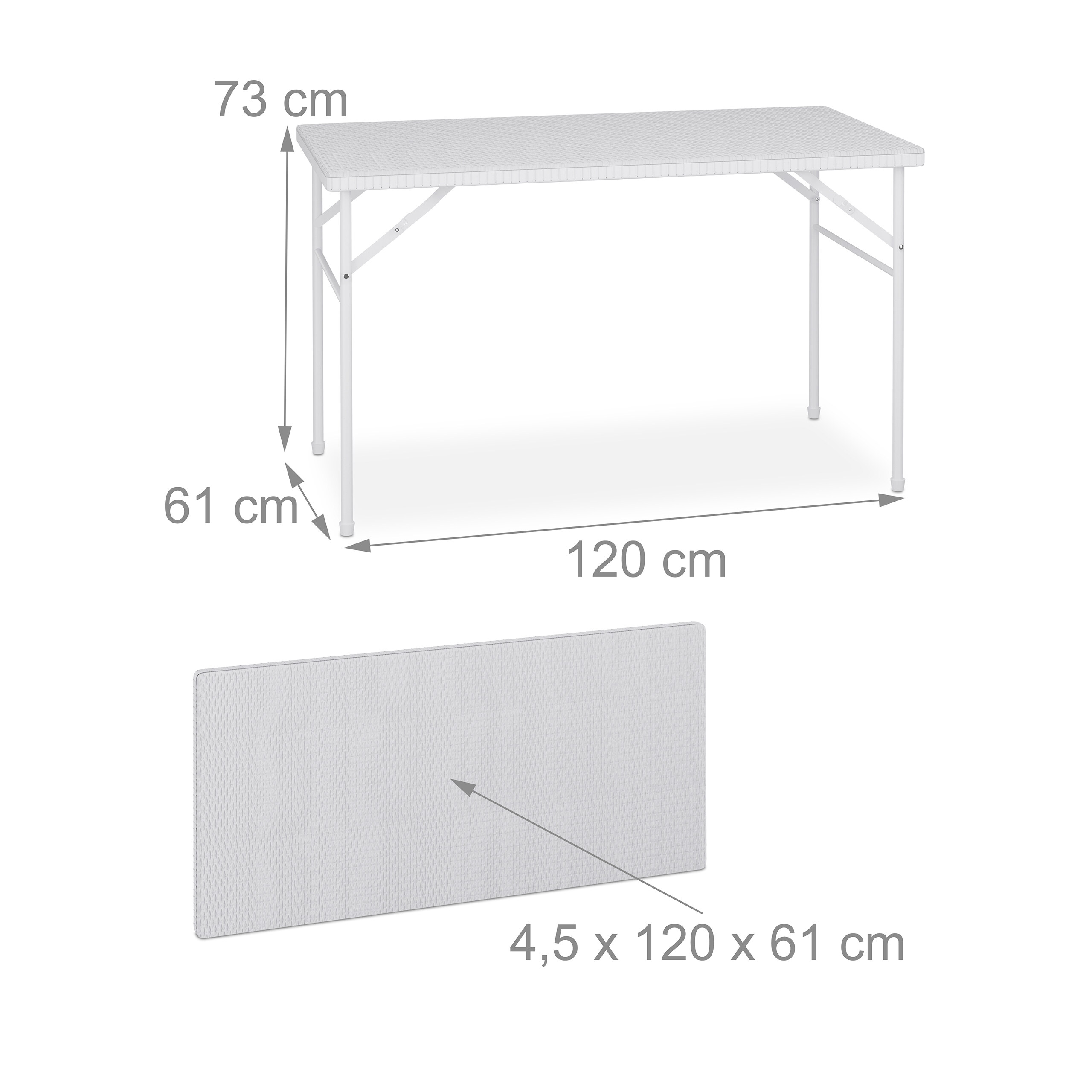 Diagramm zeigt einen weißen Klapptisch mit Maßen: 120 cm lang, 61 cm breit, 73 cm hoch, zusammengeklappt 4,5 cm tief.