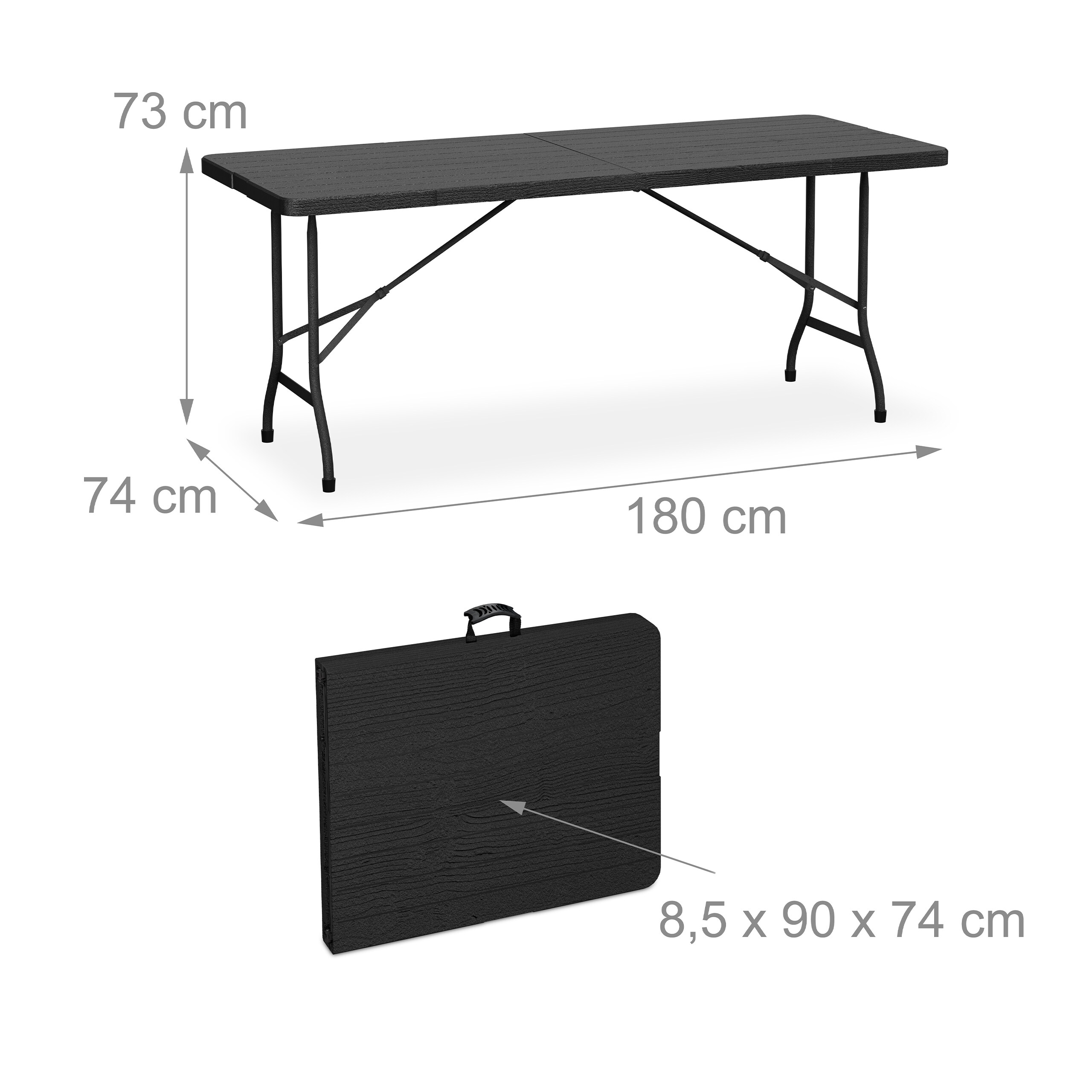 Schwarzer Klapptisch mit Maßen: 180x74x73 cm offen und 8,5x90x74 cm gefaltet.