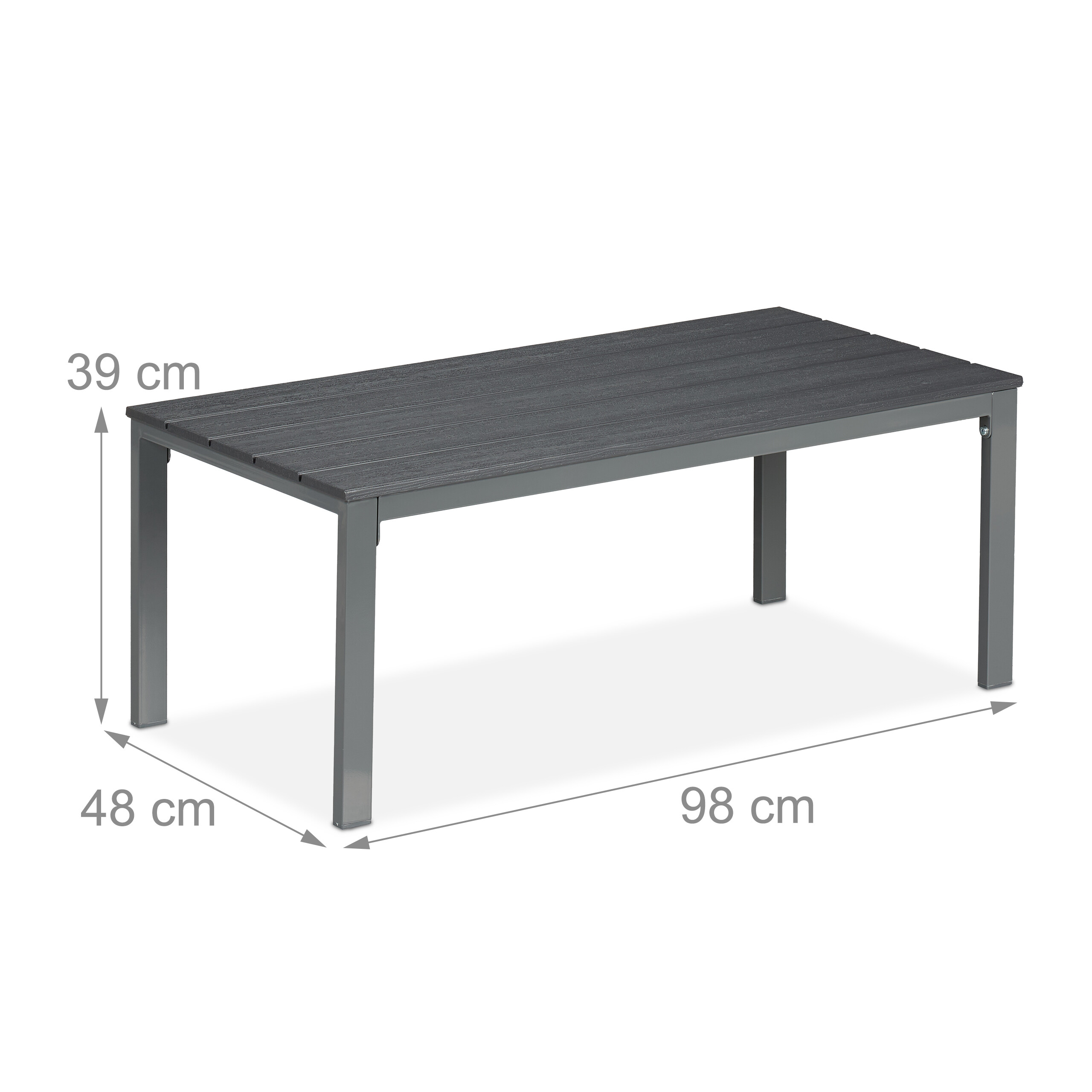 Grauer Gartentisch mit Maßen: 98 cm Länge, 48 cm Breite und 39 cm Höhe auf weißem Hintergrund.