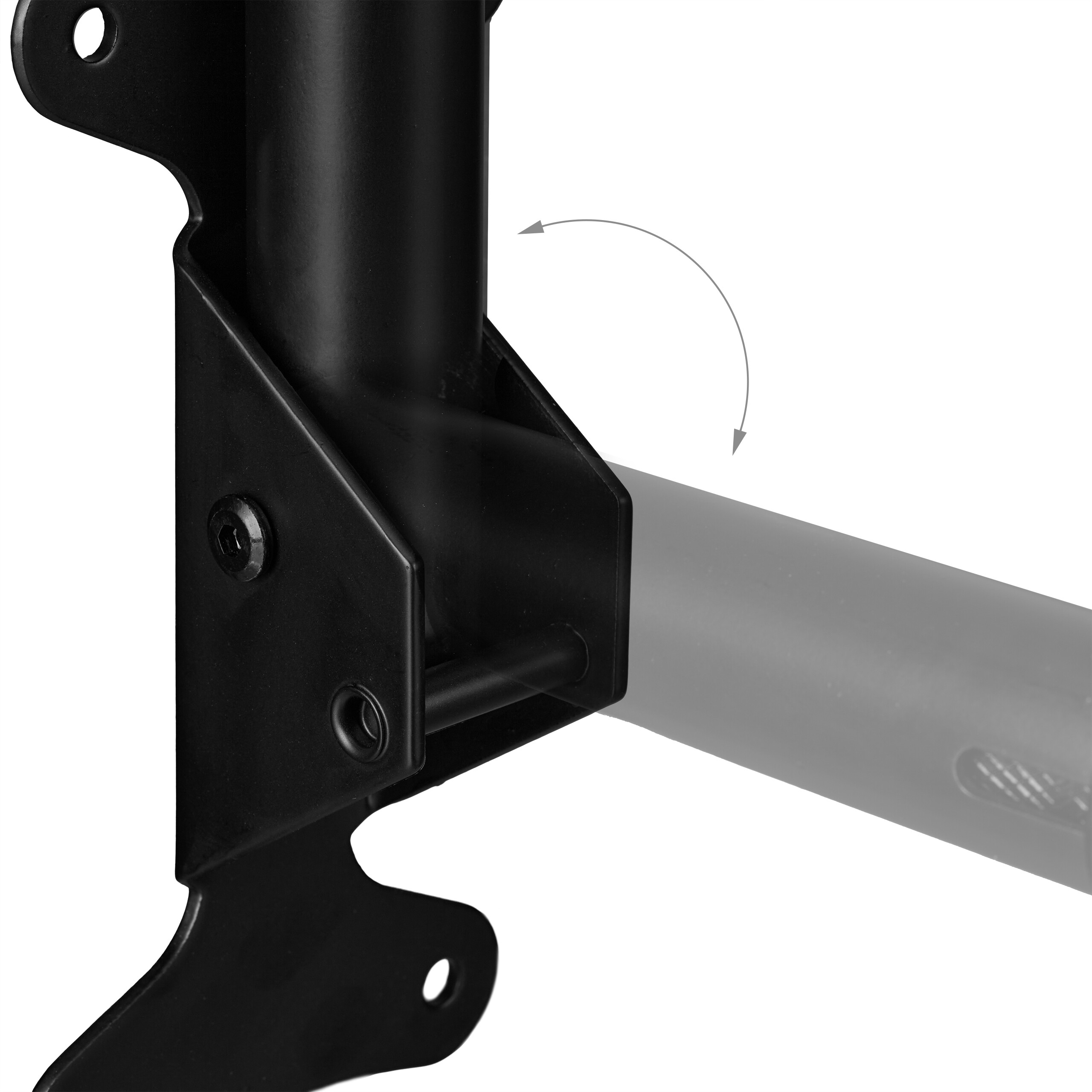 Nahaufnahme einer schwarzen Metall-Wandhalterung mit Schwenkarm und Rotationspfeil.