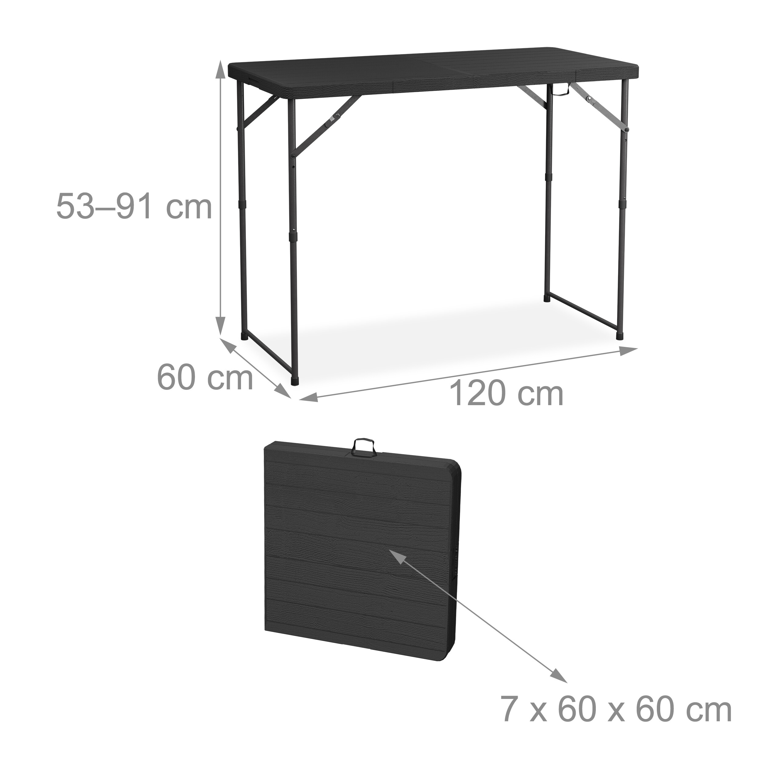 Schwarzer Klapptisch mit Maßen: 120x60x53-91cm aufgebaut und 7x60x60cm gefaltet.