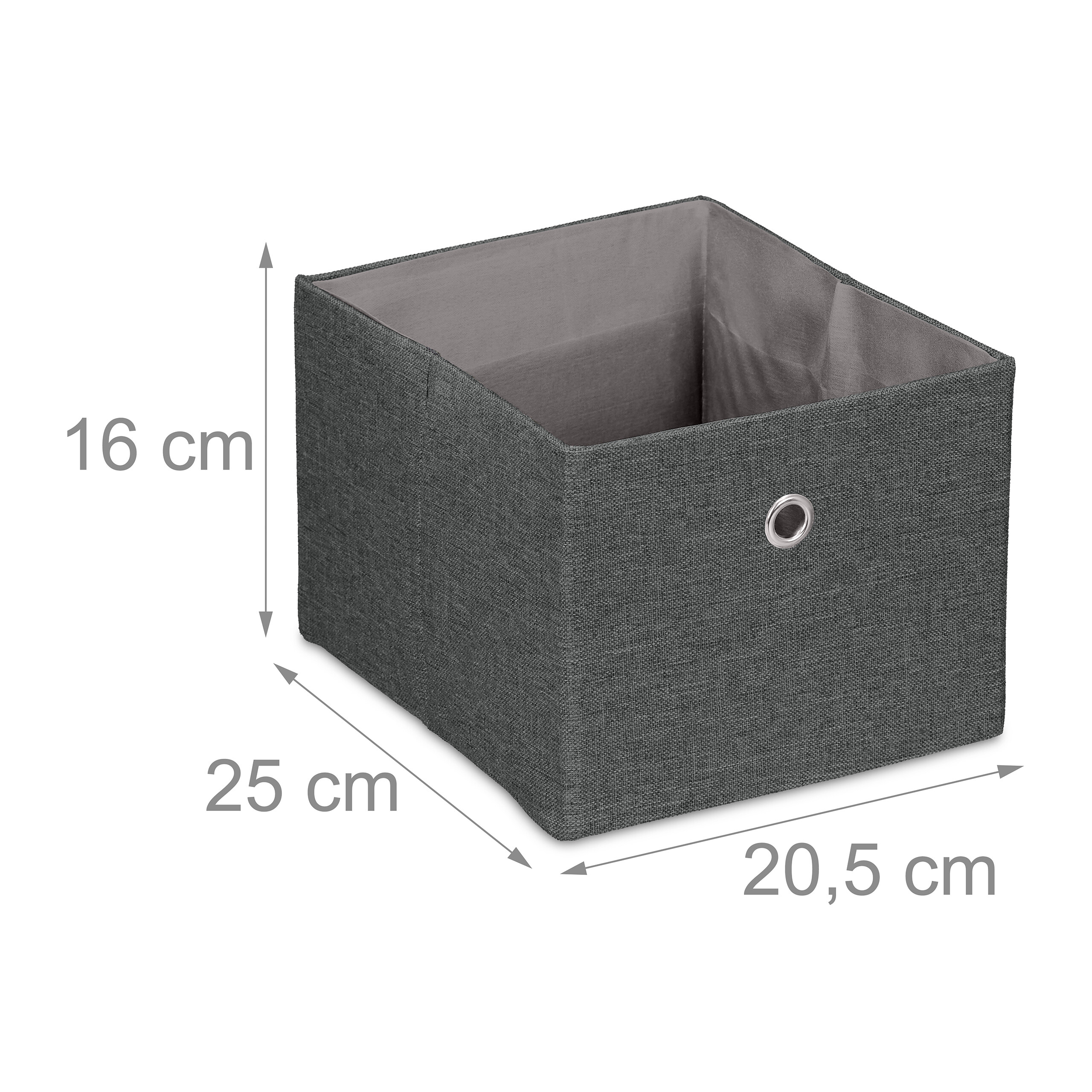 Dunkelgraue Stoffaufbewahrungsbox mit Maßen: 16 cm Höhe, 25 cm Länge, 20,5 cm Breite.