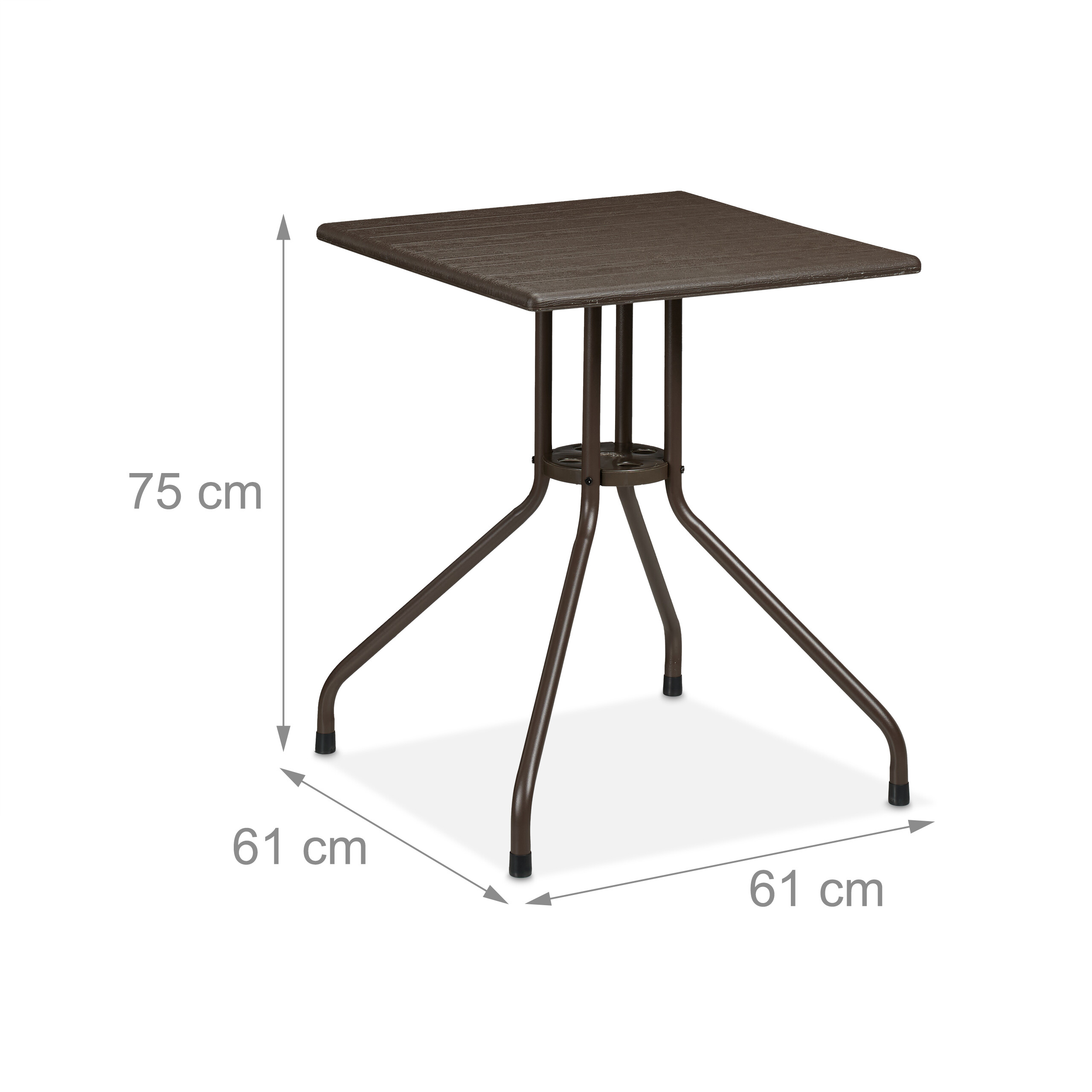 Brauner quadratischer Tisch mit Metallbeinen, Höhe 75 cm, Breite und Tiefe 61 cm, auf weißem Grund mit Maßpfeilen.