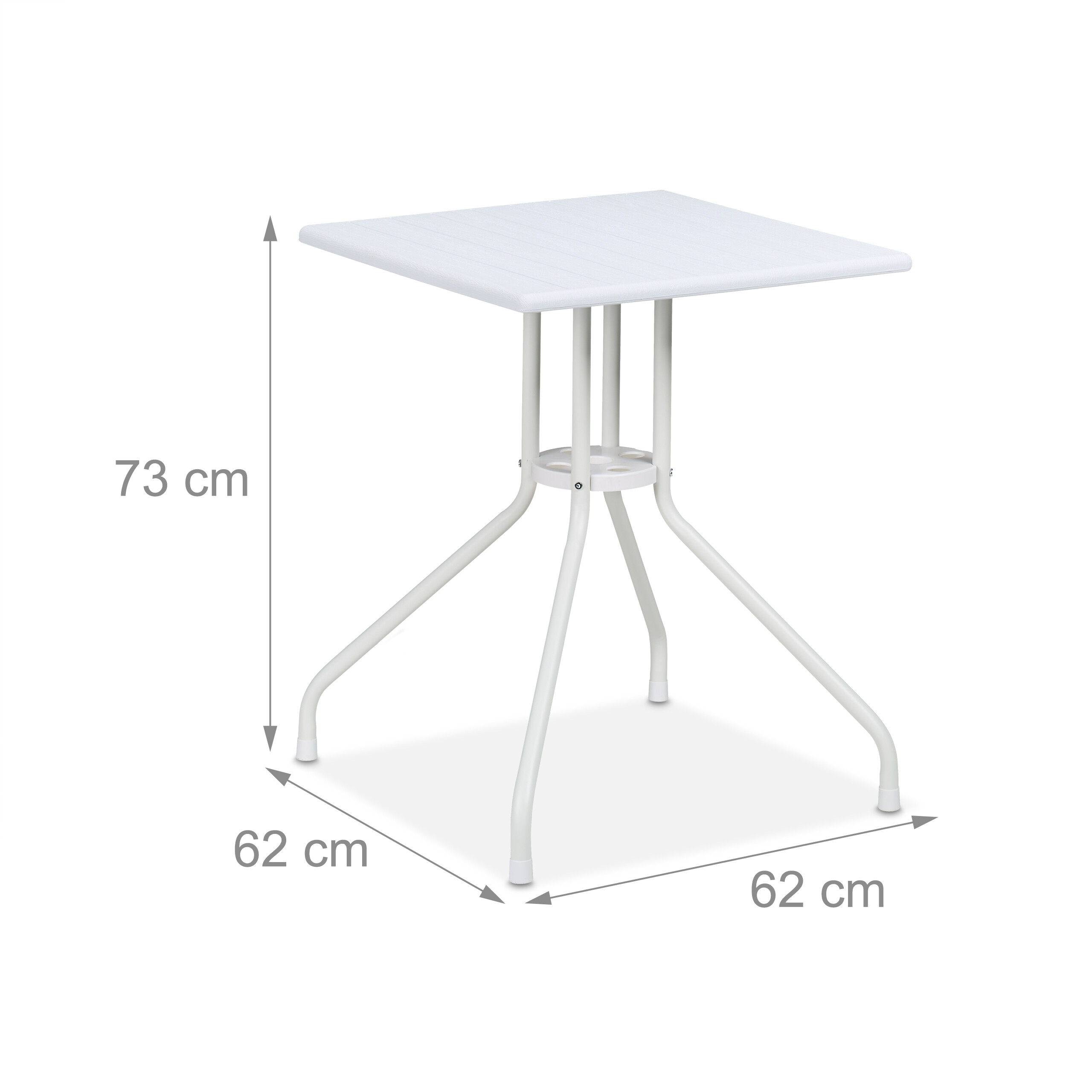 Weißer quadratischer Gartentisch mit Maßen: 73 cm Höhe und 62x62 cm Breite und Tiefe.