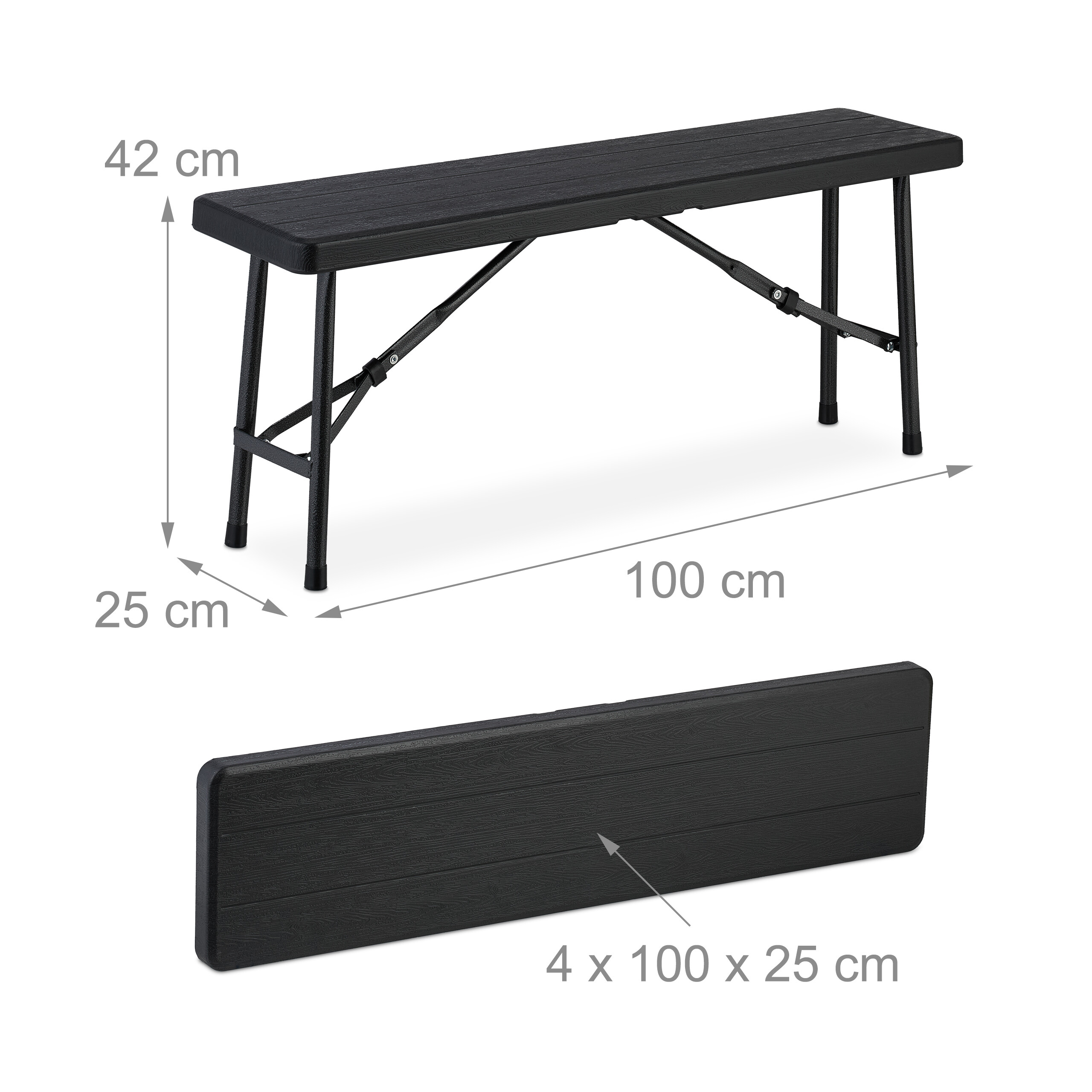 Schwarze klappbare Gartenbank mit Maßen: 100x25x42 cm ausgeklappt und 4x100x25 cm zusammengeklappt.