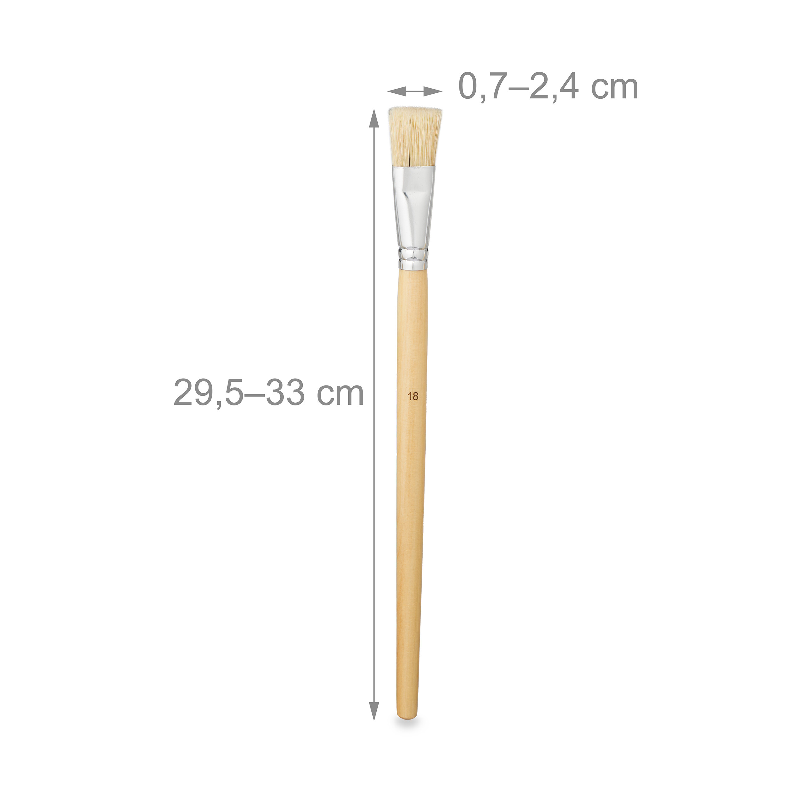 Ein flacher Pinsel mit Holzstiel und Maßeinheiten für Länge und Breite.