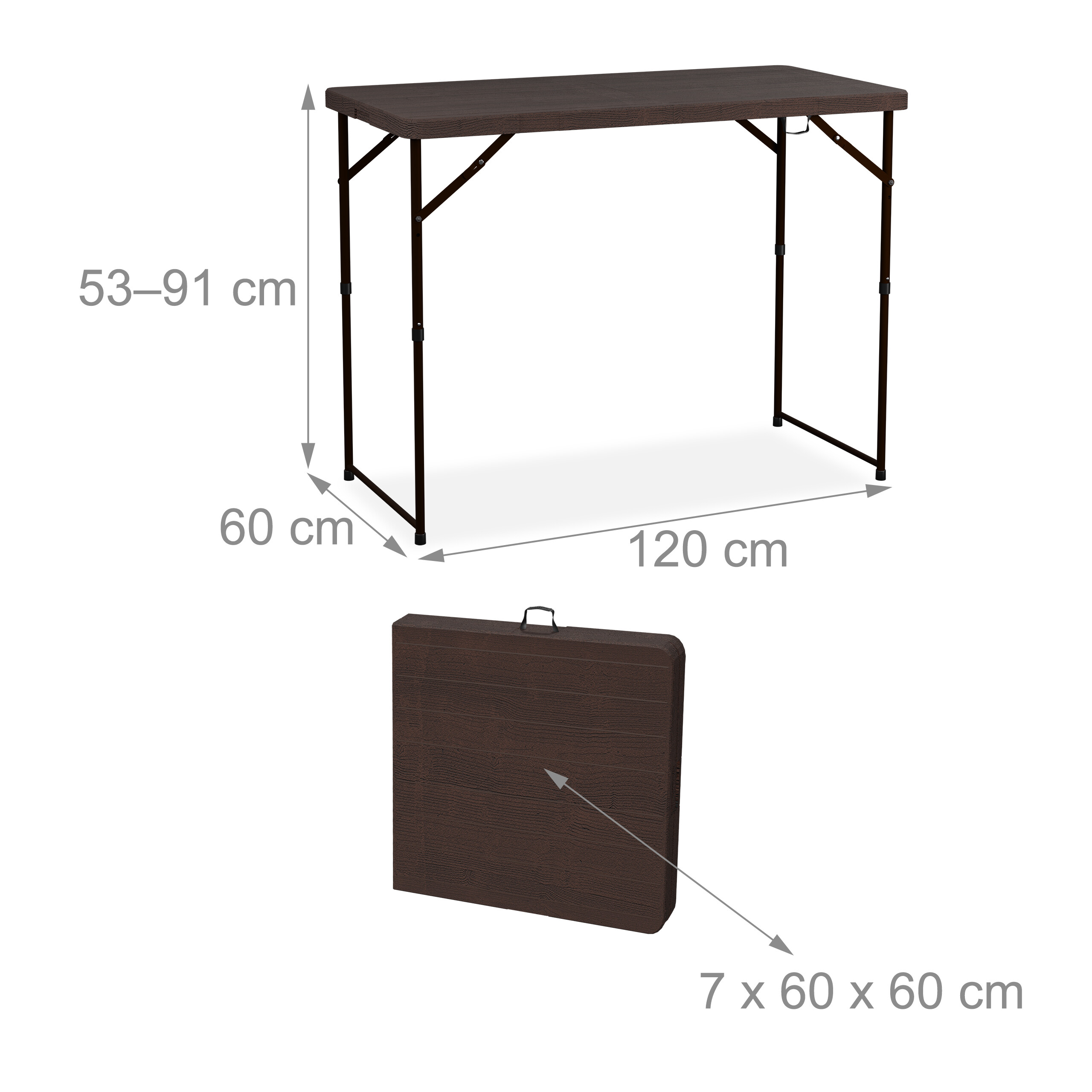 Brauner Klapptisch mit Maßen: aufgebaut 120x60x53-91cm, zusammengeklappt 7x60x60cm mit Griff.