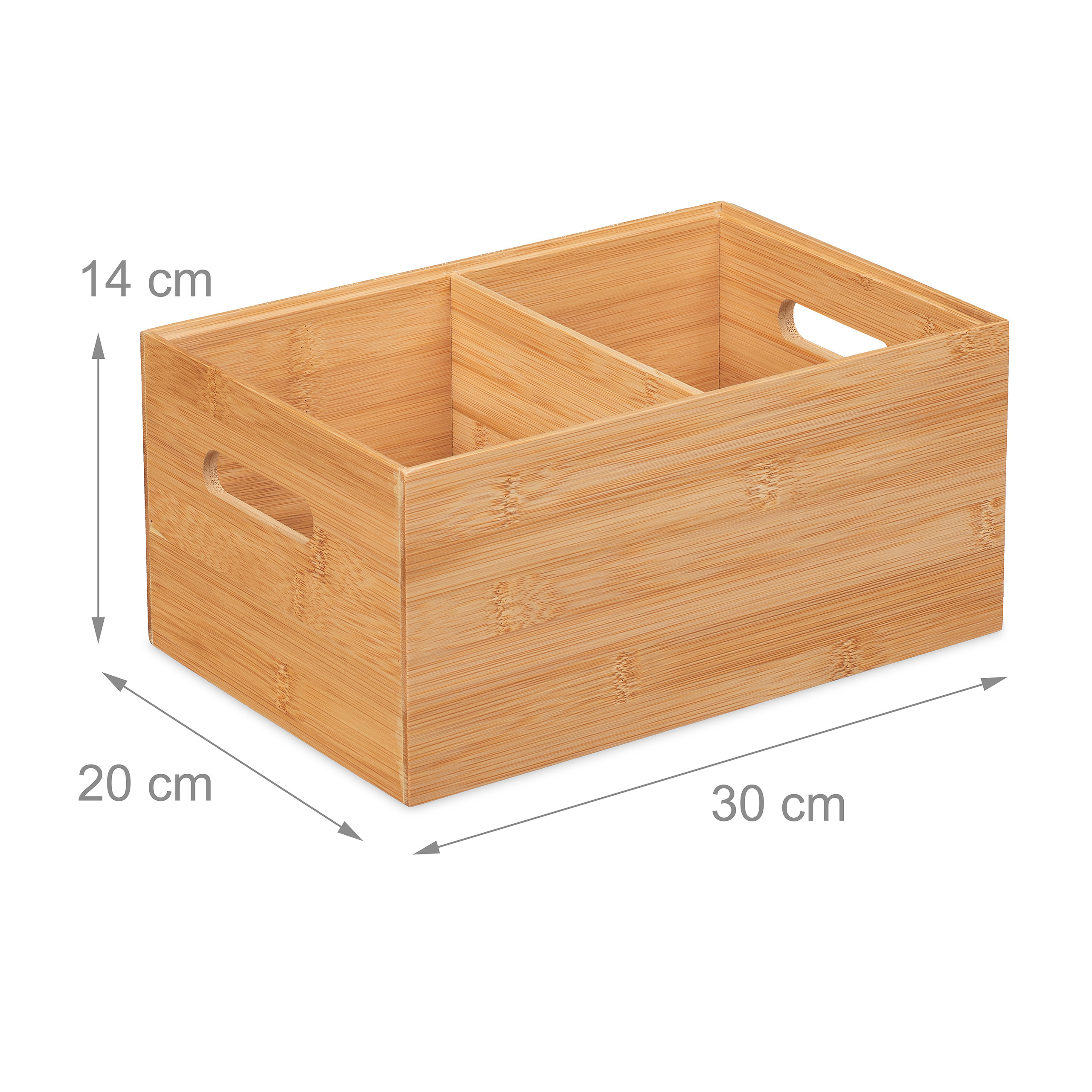 Rechteckige Bambus-Aufbewahrungsbox mit zwei Fächern und Maßen von 30x20x14 cm auf weißem Hintergrund.