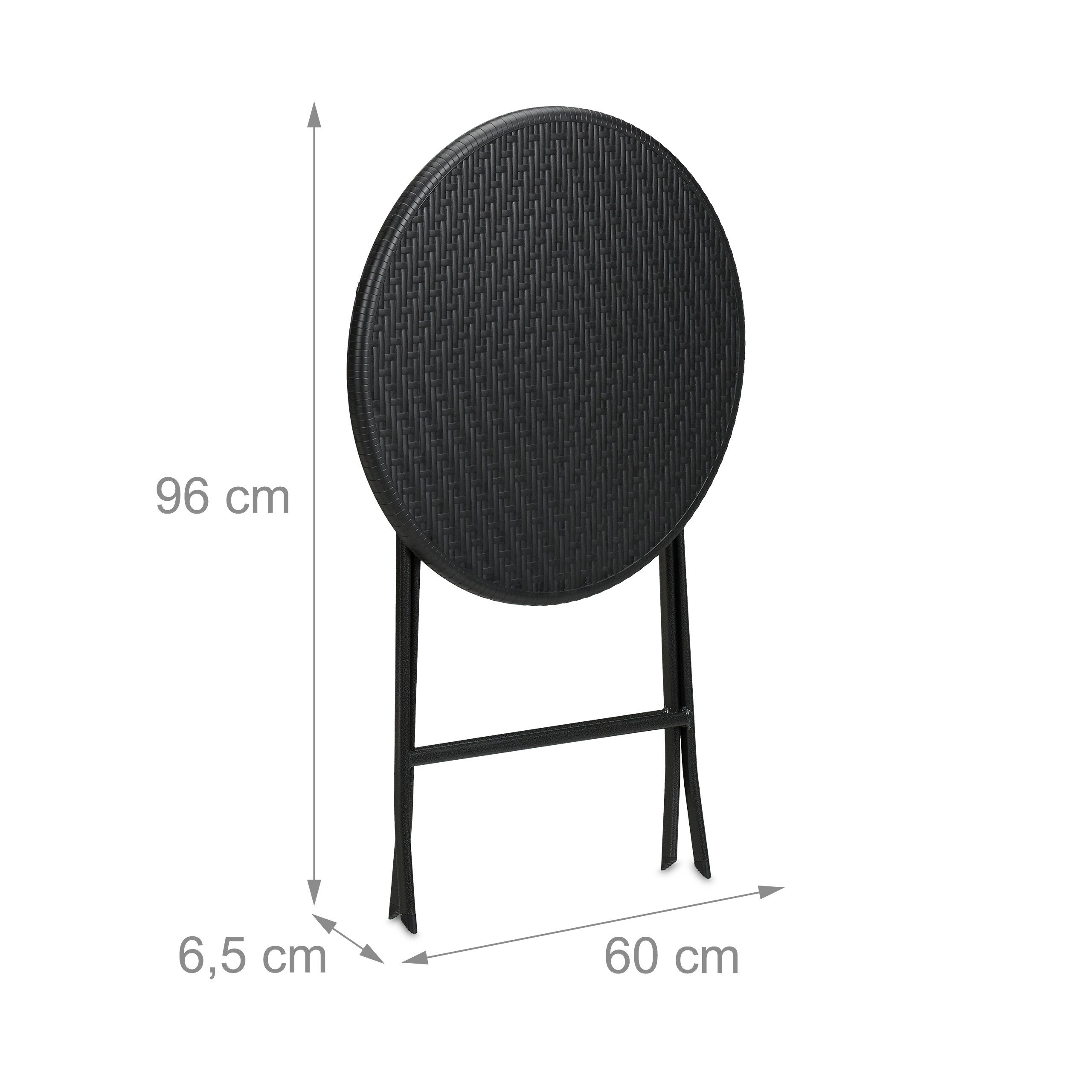 Ein schwarzer Klapptisch mit Maßen: Höhe 96 cm, Breite 60 cm, Tiefe 6,5 cm.